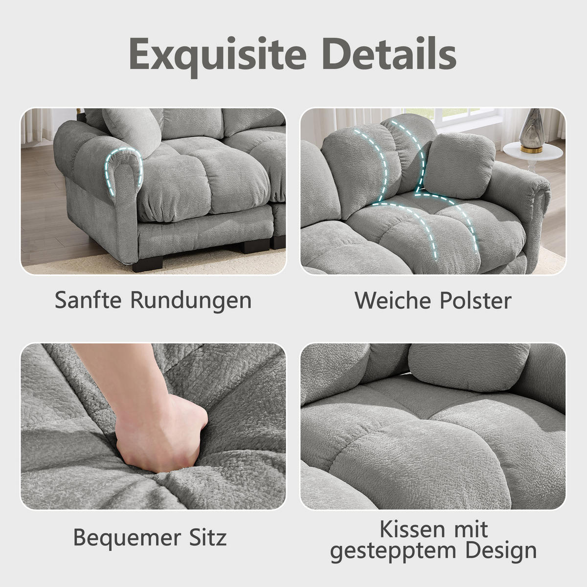 3-SITZER-SOFA DE-34384 Steppdesign und 2 Dekokissen Hellgrau - Hellgrau, Textil (86/90/260cm) - ComfortXL