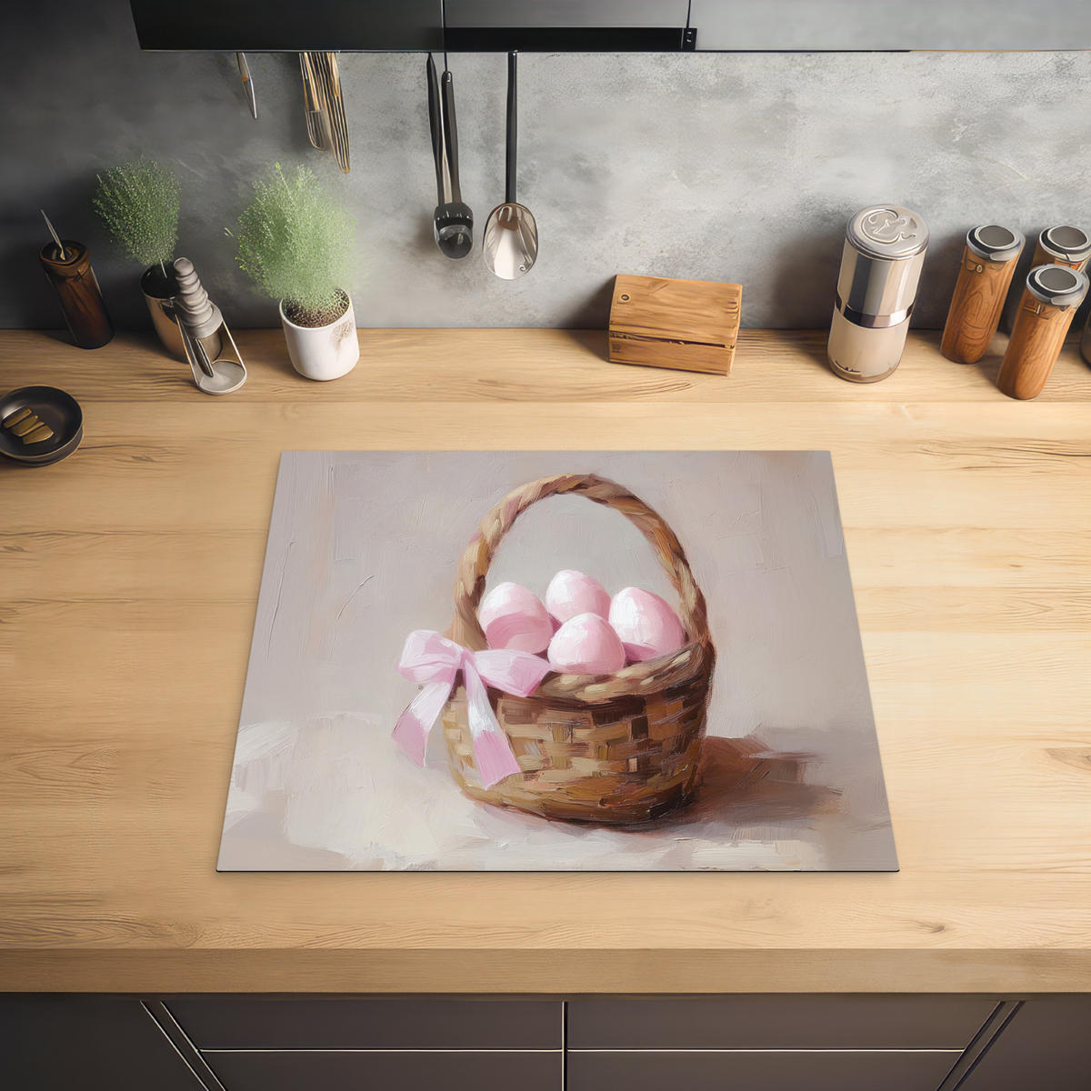 HERDABDECKPLATTE Korb - Eier - Rosa Abdeckung Ceranfeld 58.3x51.3 cm - Beige, Kunststoff (58.3/51.3/0.2cm) - MuchoWow