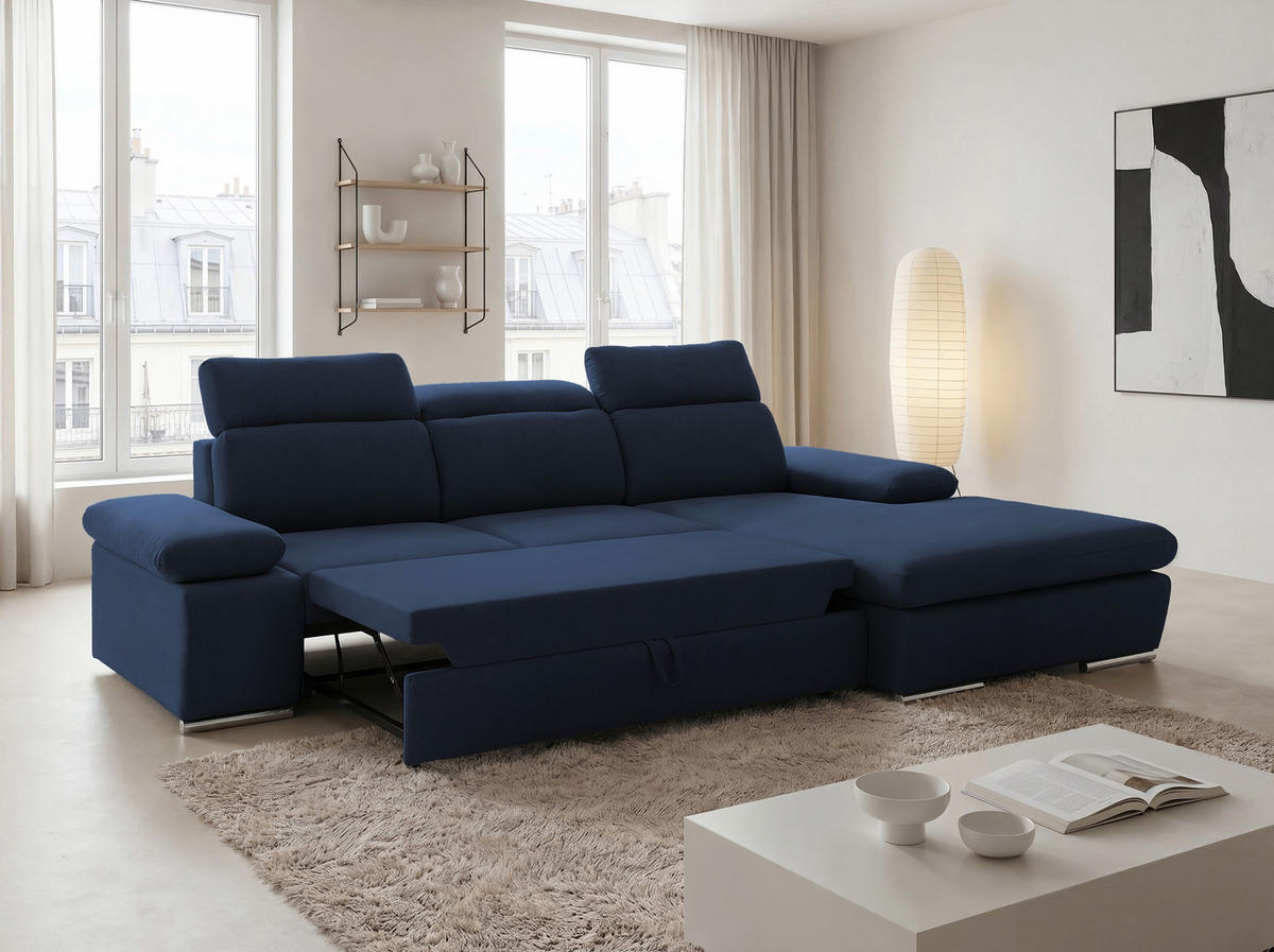 ECKSOFA PABLO mit Schlaffunktion und Bettkasten Marineblau - Dunkelblau, Holzwerkstoff/Kunststoff (250/90cm) - Idohome