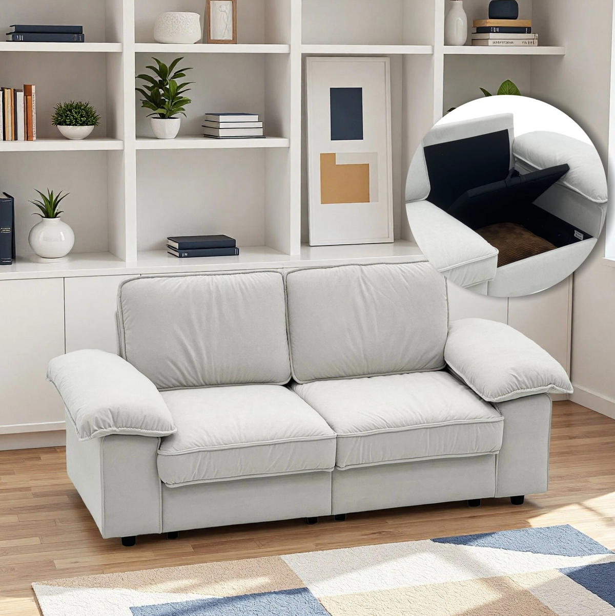 SOFA mit Stauraum Kurzplüsch-Polyester Bezug und Taschenfederkern 201/91/89 cm Creme - Creme, Textil (91/89/201cm) - Redom