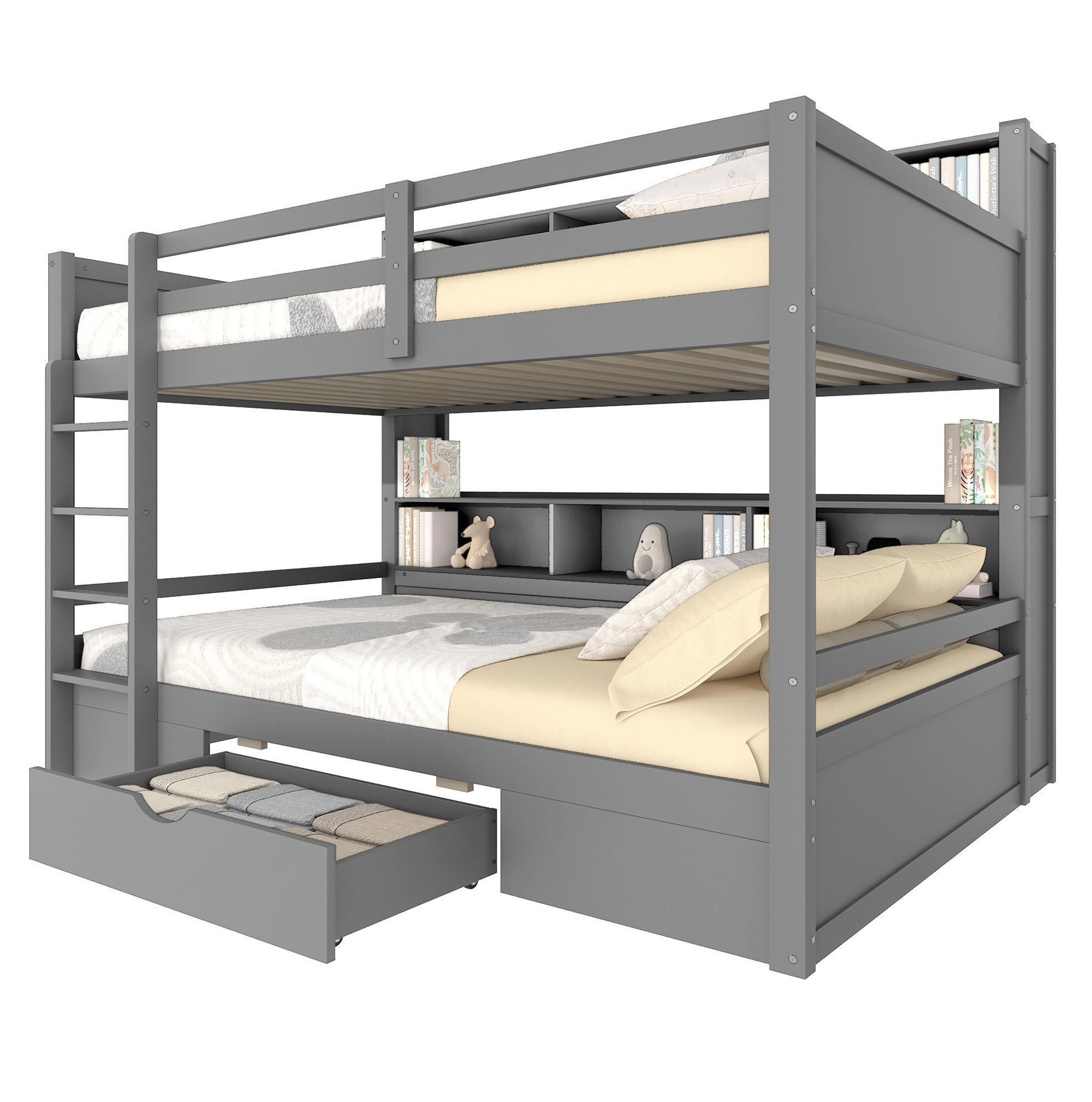 ETAGENBETT 90/200 cm aus Kiefern mit Schublade und Ablagefächern, Grau - Grau, Holzwerkstoff (90/200cm) - Redom