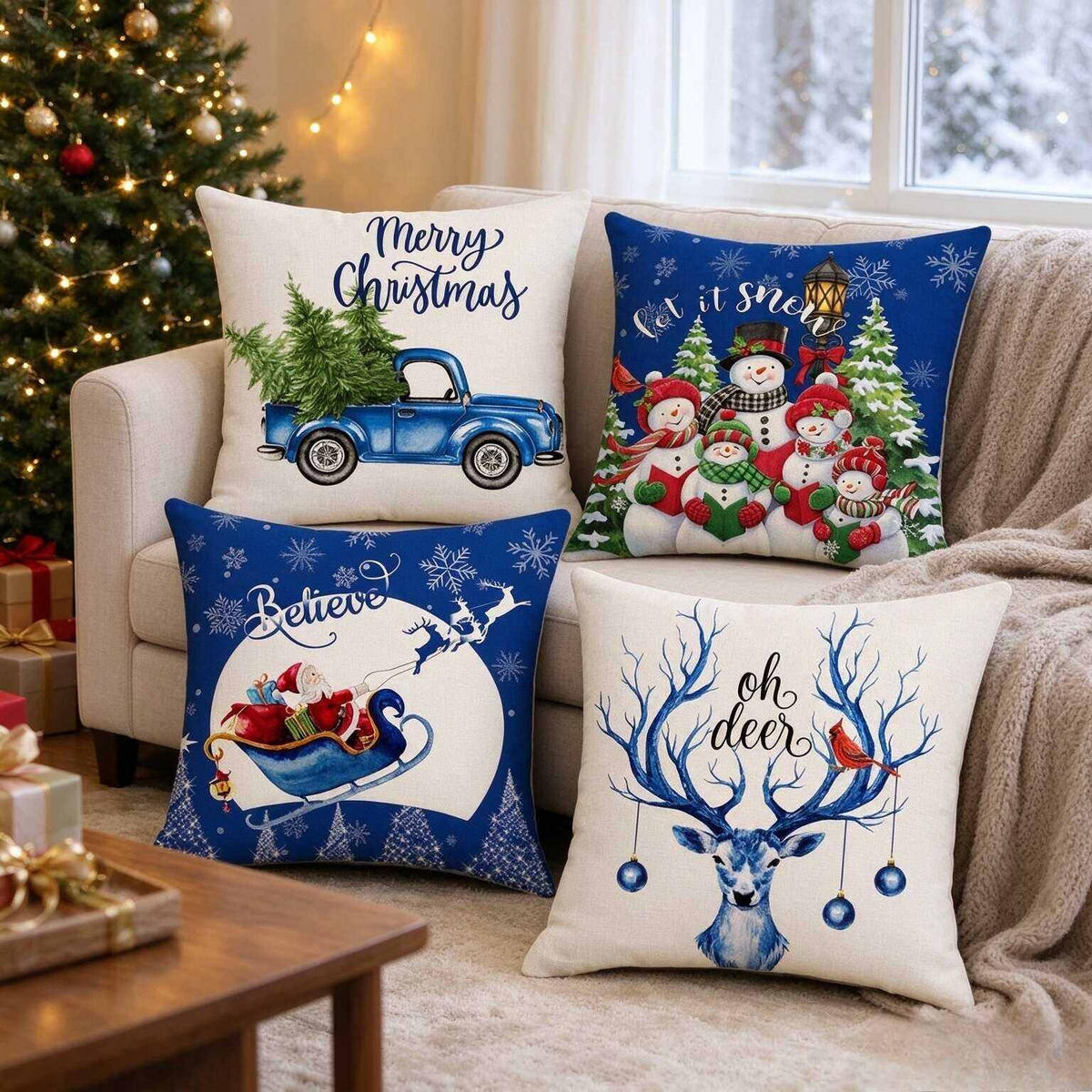 KISSENBEZUG – Weihnachtskissenbezug (Kissenfüllung nicht enthalten) – 45 x 45 cm – Multicolor(vier Stück) - Multicolor, Textil (45/45cm)