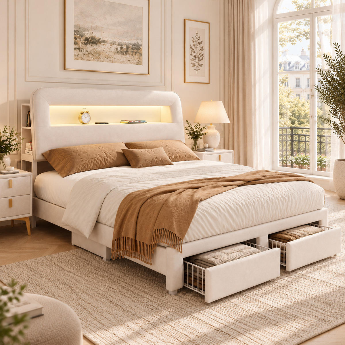 POLSTERBETT 140/200 cm mit Ablagekopfteil, LED-Beleuchtung, USB-Anschluss, Seitenablagen und zwei Unterbettschubladen - Beige, Holz/Metall (140/200cm) - Joyfair