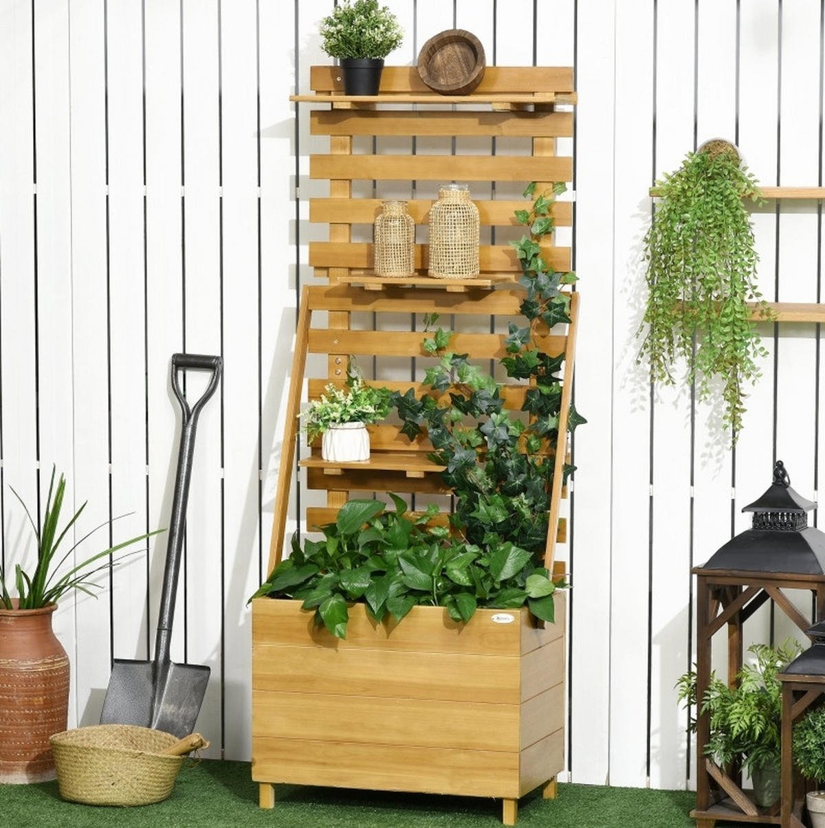 BLUMENKASTEN aus Holz 63x39x160 cm in Braun mit Rankgitter & 3 Ablagen - Braun, Holz (39/160/63cm) - Modfu