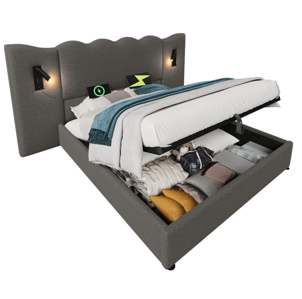 POLSTERBETT 180/200 cm mit Leselampe, USB- und Type-C-Anschluss sowie hydraulischem Stauraum, Grau - Grau, Textil (180/200cm) - Redom