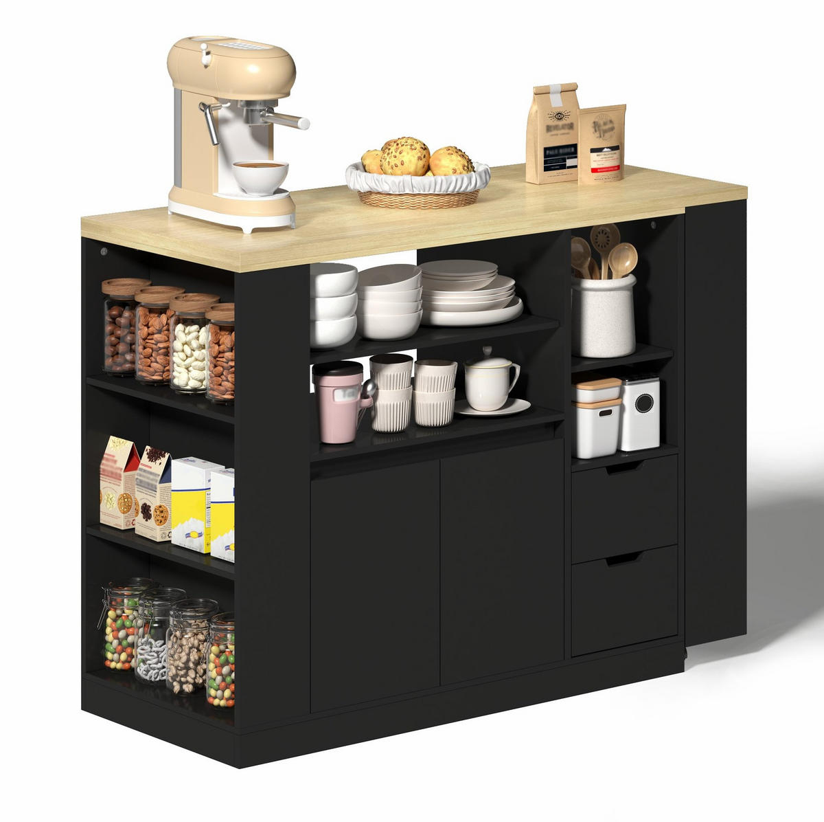 KÜCHENINSEL 115/50/92 cm mit dreh- und ausziehbarer Arbeitsplatte, MDF, viel Stauraum, Schwarz/Natur - Schwarz, Holzwerkstoff (115/92/50cm) - Redom