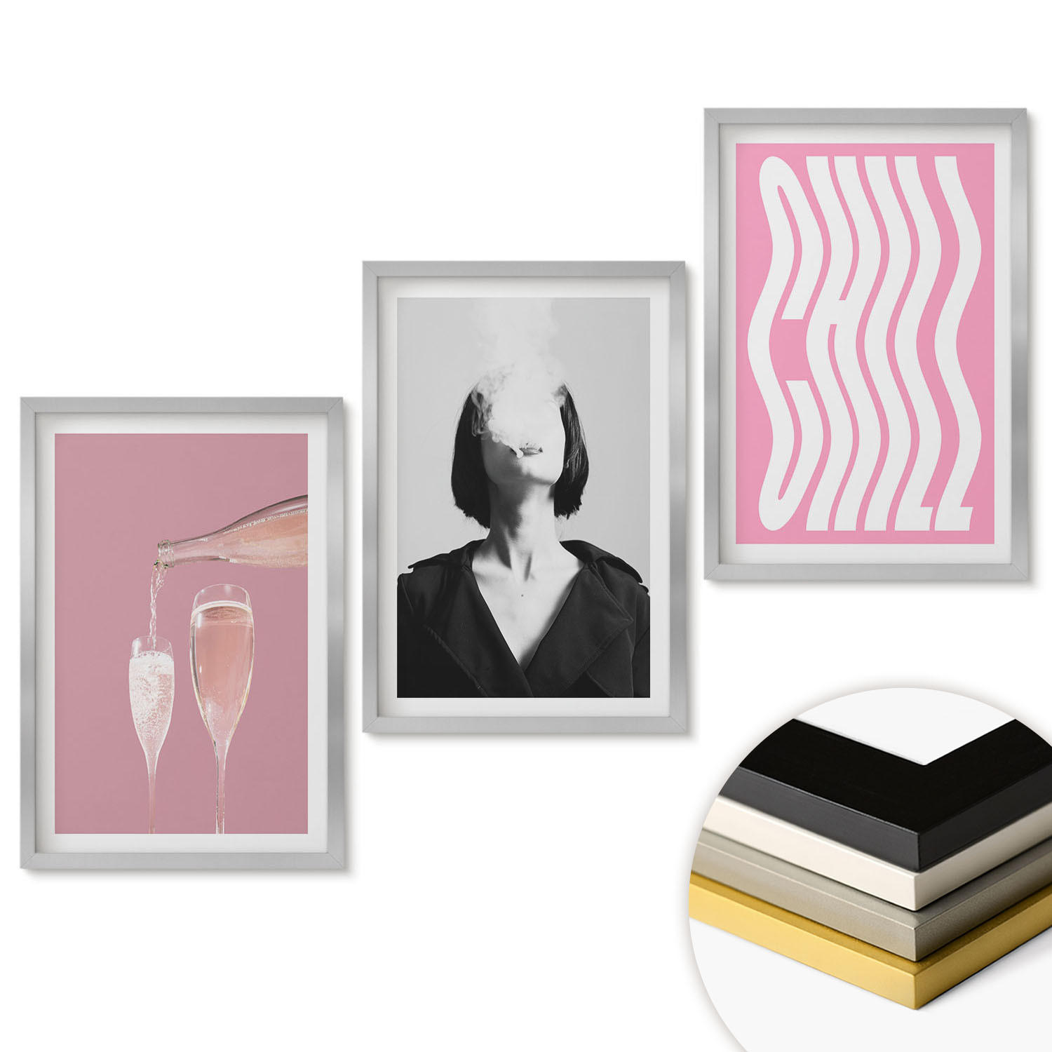 WANDBILDER 3er Set - 40x60 cm Silberner Rahmen - Stilvolles Porträt, Champagner-Entspannung - Silberfarben, Kunststoff (40/60cm) - ArtPrintCave