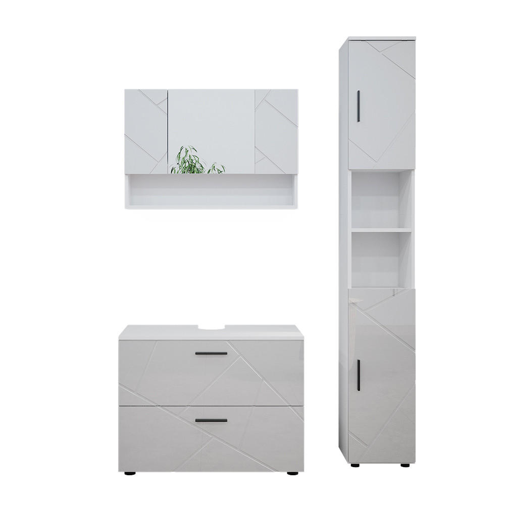BADMÖBEL-SET Irma Weiß Hochglanz 3 Teile, mit Spiegelschrank 80 cm - Weiß Hochglanz/Weiß, Holzwerkstoff (80/58.6/41cm) - Vicco