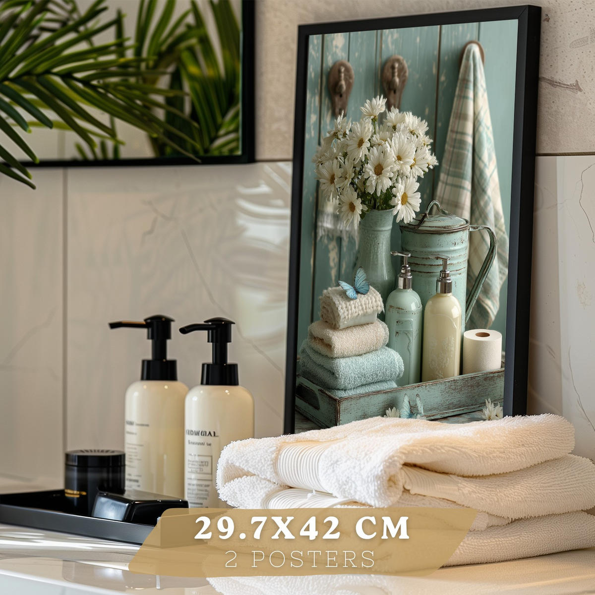 PLAKÁT Sada 2 dekorativních koupelnových tisků, květinové v shabby chic Černý rám A3 - černá, papír (42/29.7/3cm) - Nacnic