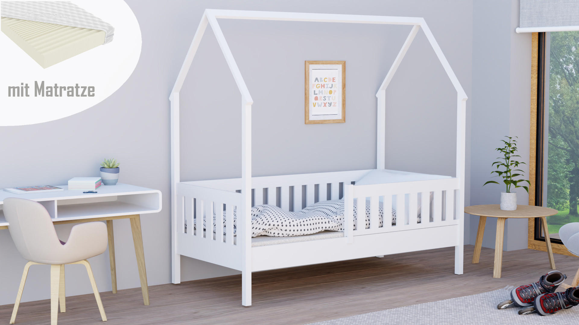 HAUSBETT 160x80 weiß mit Matratze - Weiß, Holzwerkstoff (80/160cm)