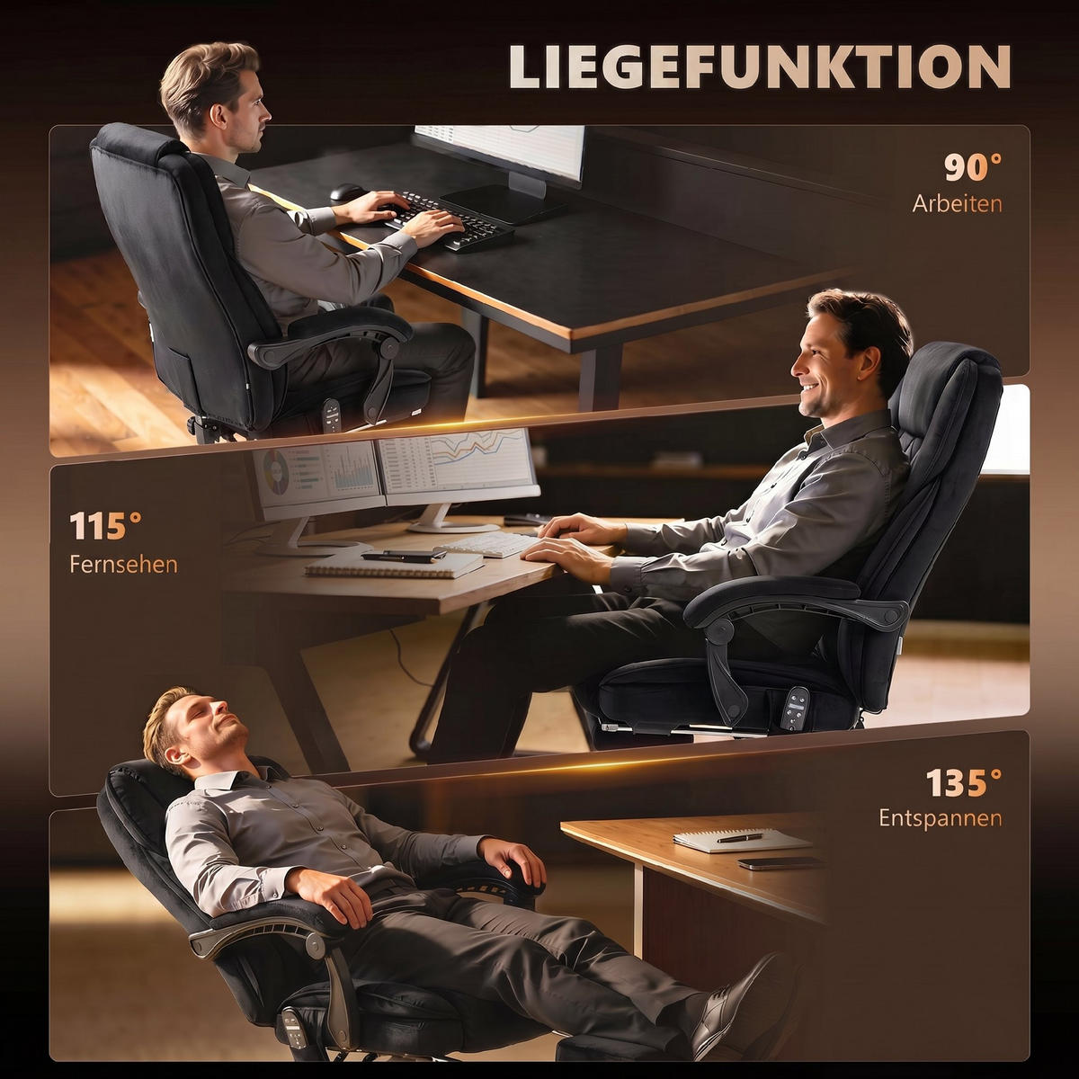 KONTORSSTOL med massagefunktion, svart - Brun/Svart, Textil/Metall (67/119/72cm) - Vinsetto