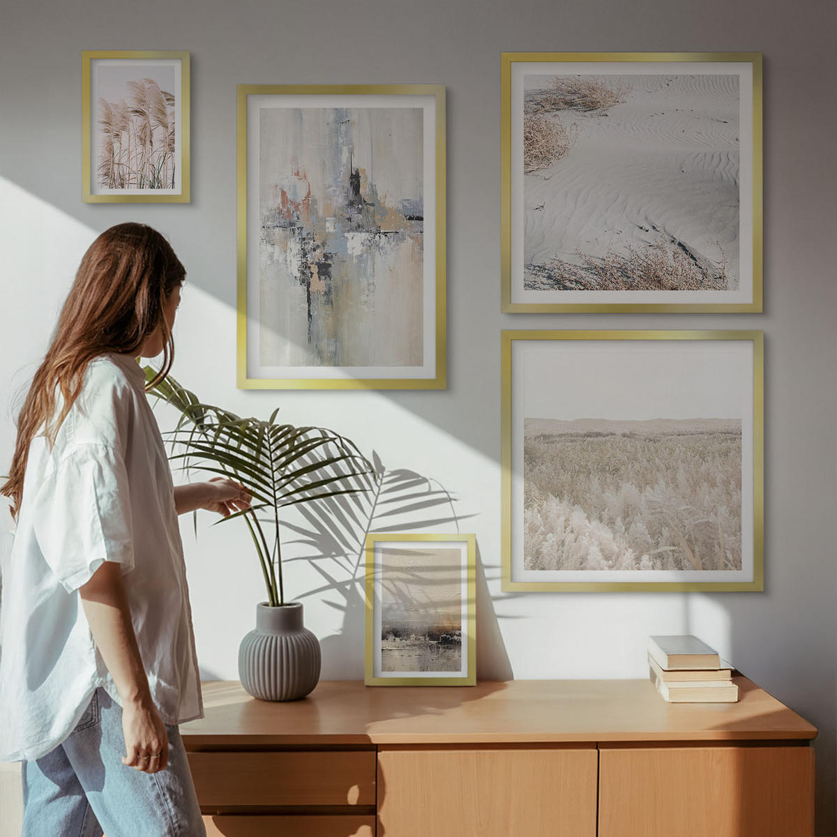 BILDER SET 5er Set - 50x50 cm & 20x30 cm & 40x60 cm Goldrahmen - Abstrakte Vegetationsmuster - Goldfarben, Kunststoff (40/60cm) - TULUP