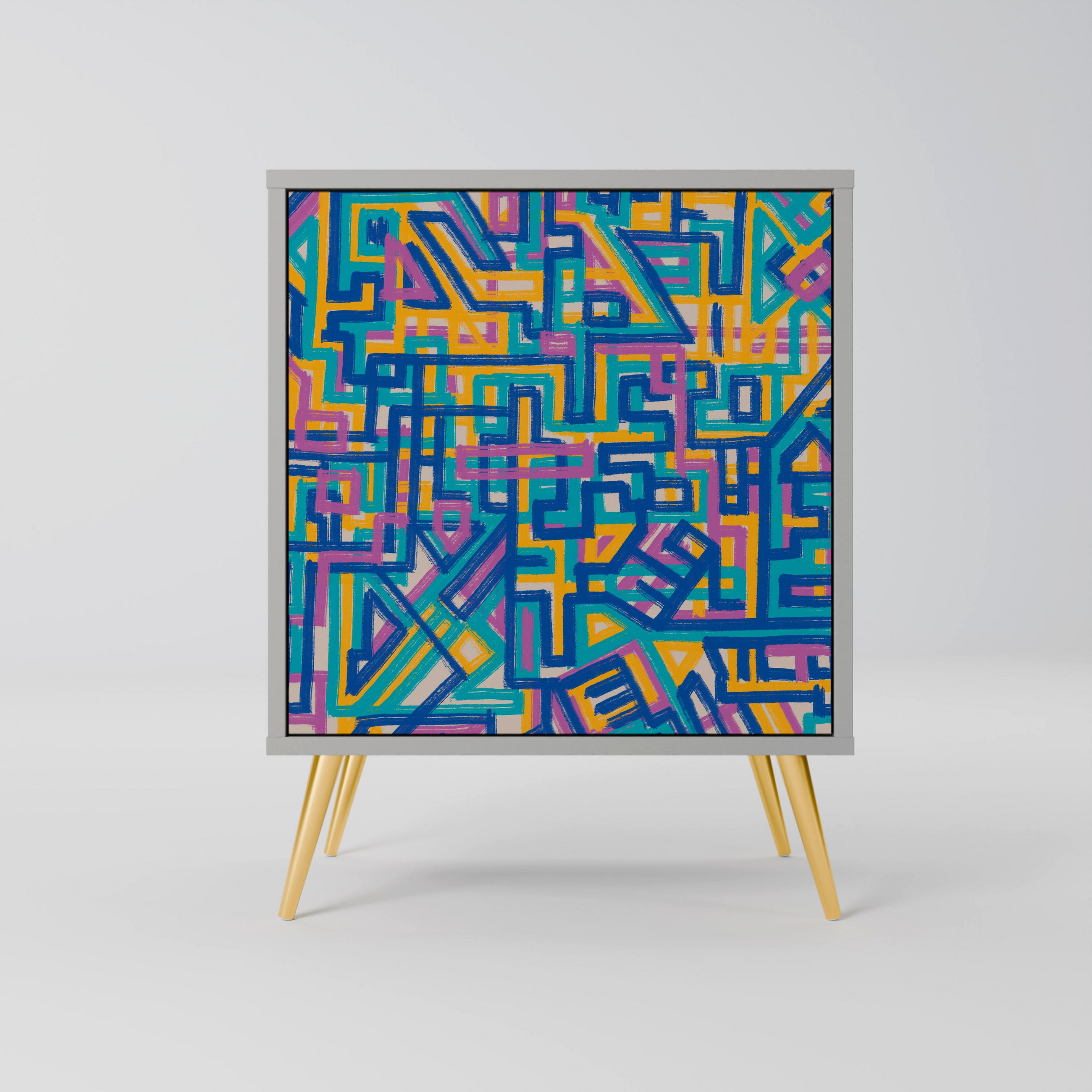 SIDEBOARD MEMORIES MAP, Grau, 57,5x42x75,5 cm, Goldfarbene Metallfüße - Goldfarben/Multicolor, Holzwerkstoff/Metall (57.5/75.5/42cm) - SpaceRebels