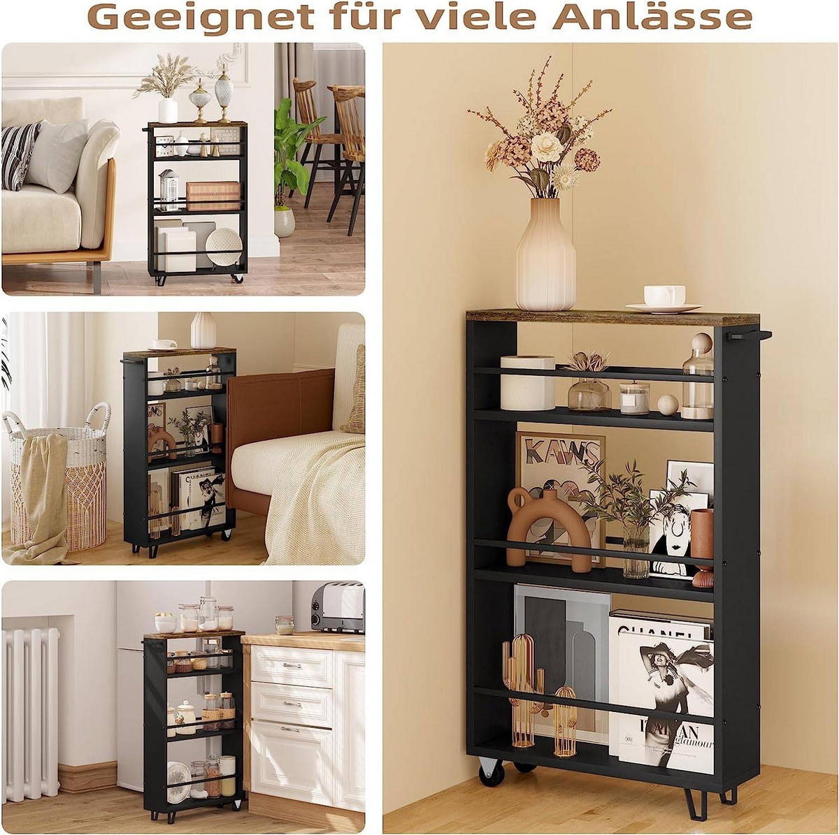 KÜCHENWAGEN mit 3 Ebenen, Griff und Bremsen ,Schwarz - Schwarz, Holzwerkstoff/Metall (47/80/13cm) - Woltu