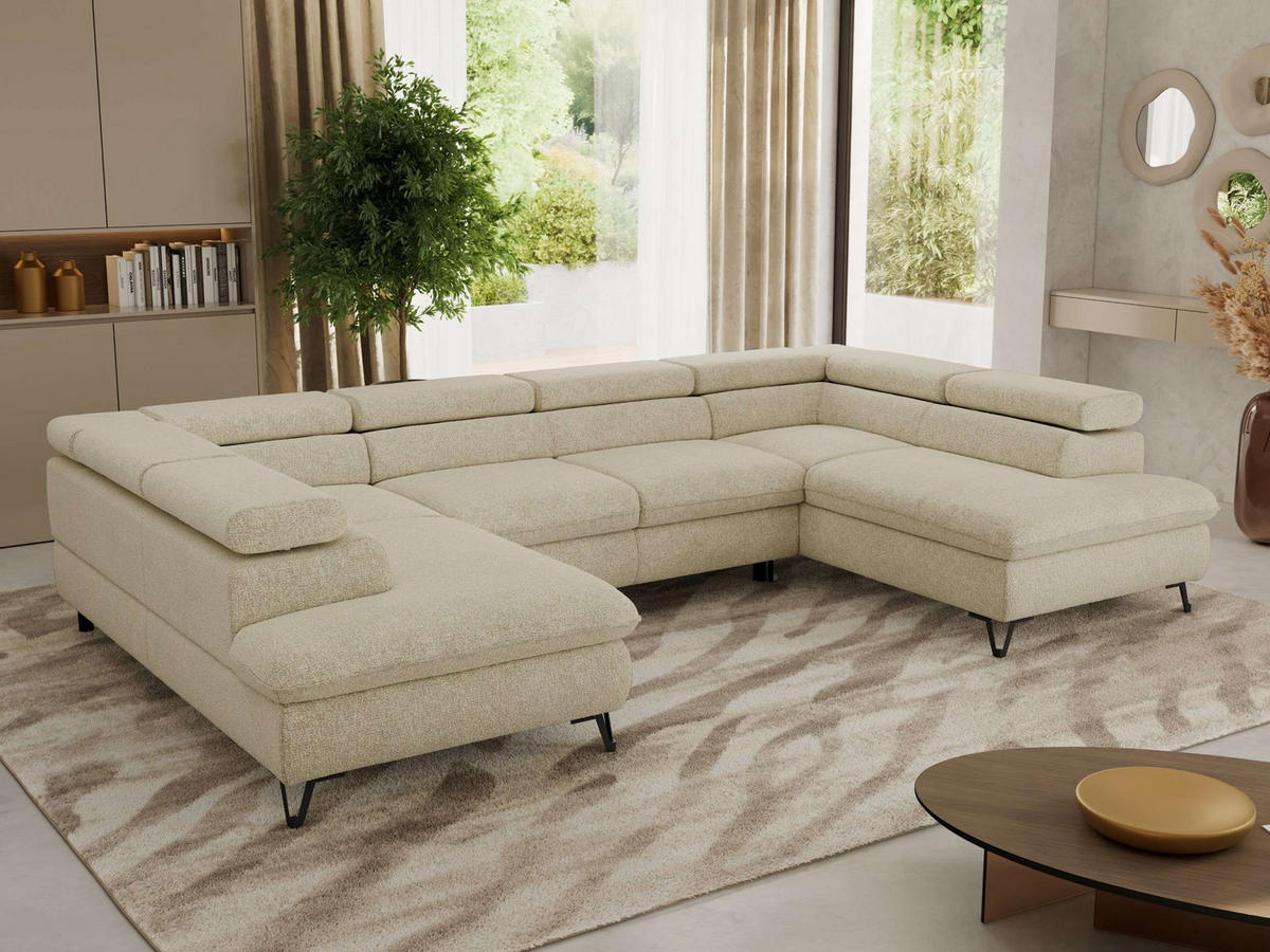 WOHNLANDSCHAFT PABLO U Strukture Creme mit Topper Visco - Creme/Schwarz, Textil/Metall (346/76/208cm) - MKS