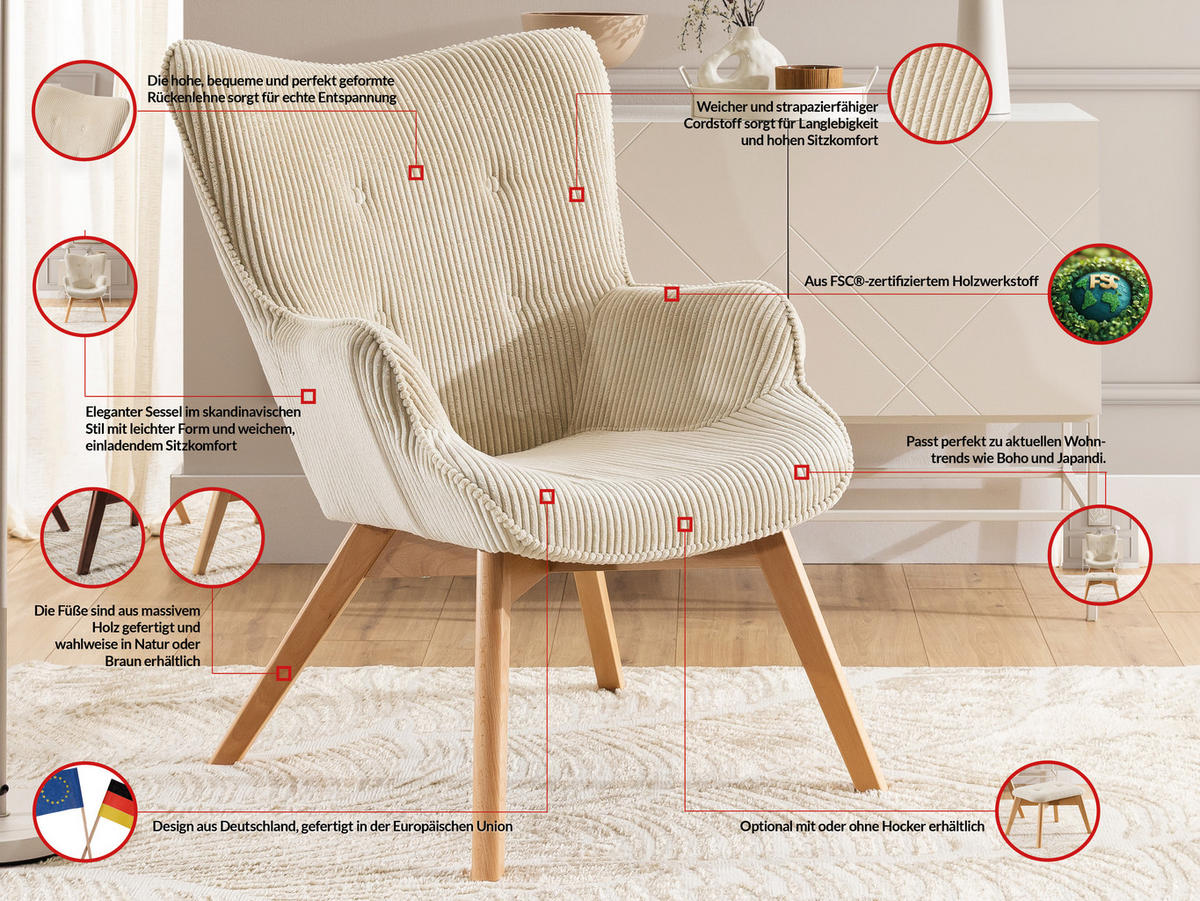LOUNGESESSEL mit Fußhocker Lenari Beige Cordstoff mit Füßen in Natur - Beige/Naturfarben, Holz/Textil (71/96/86cm) - S-Style Möbel