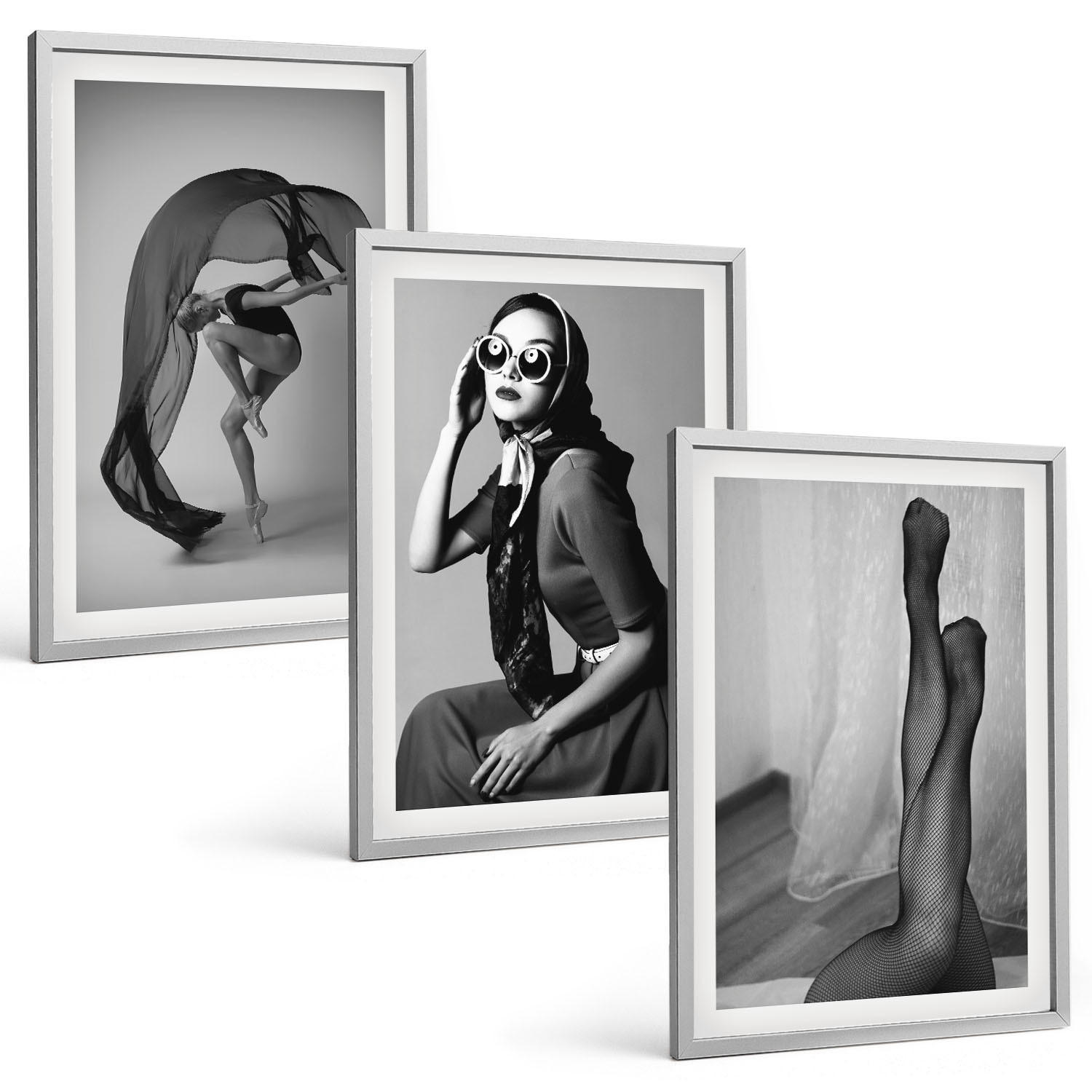 BILDER SET 3er Set - 40x60 cm Silberner Rahmen - Schwarz-Weiß-Porträts von Frauen - Silberfarben, Kunststoff (40/60cm) - TULUP