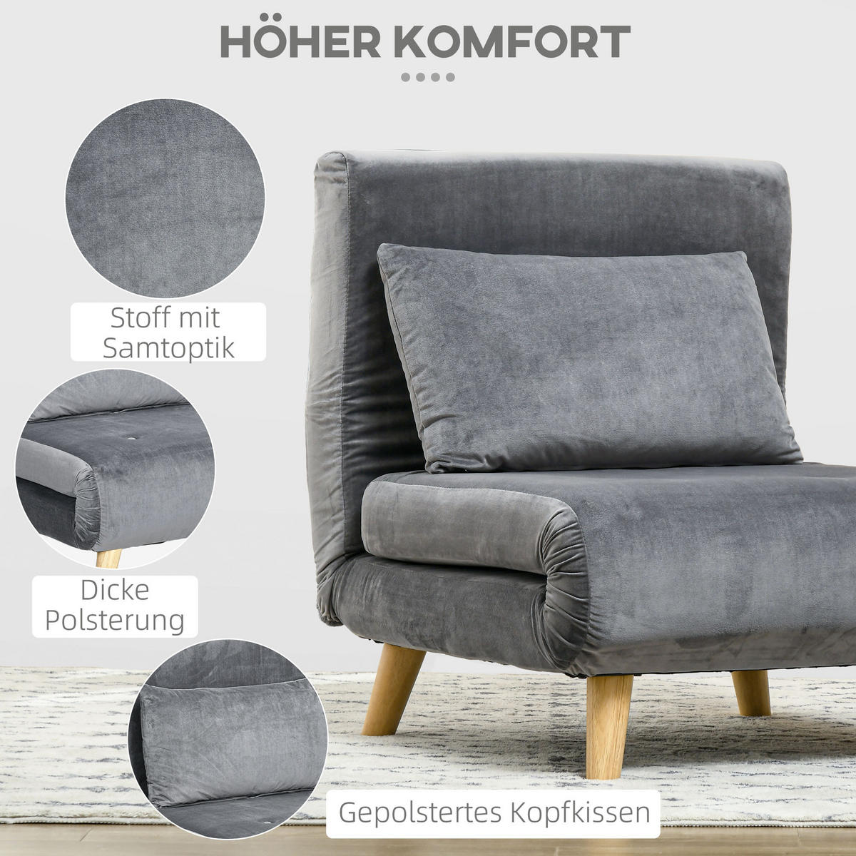 SCHLAFSESSEL, Klappsessel mit Bettfunktion, Schlafsofa mit Kissen, Samt, Grau - Naturfarben/Grau, Holz/Textil (78/79/72cm) - HOMCOM
