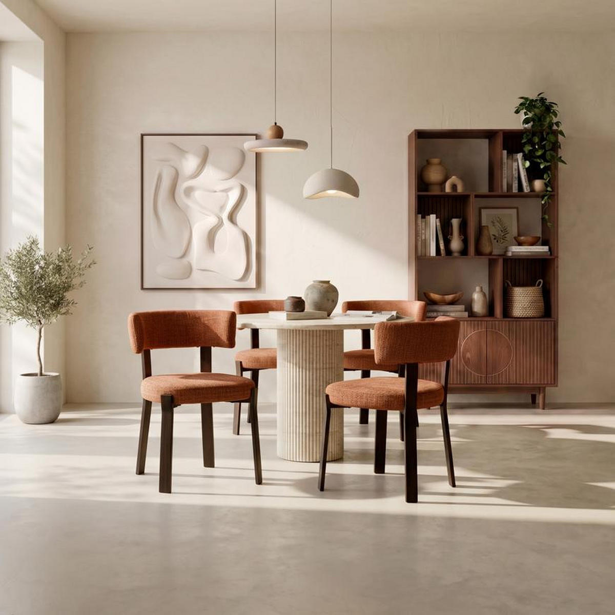 STÜHLE 4er-Set gepolstert im japanischen Stil mit strukturiertem Chenille-Stoff Terrakotta und Beinen aus Metall in Walnussoptik – ZOE - Terracotta/Schwarz, Textil/Metall (52/77/43.5cm) - Sicaan