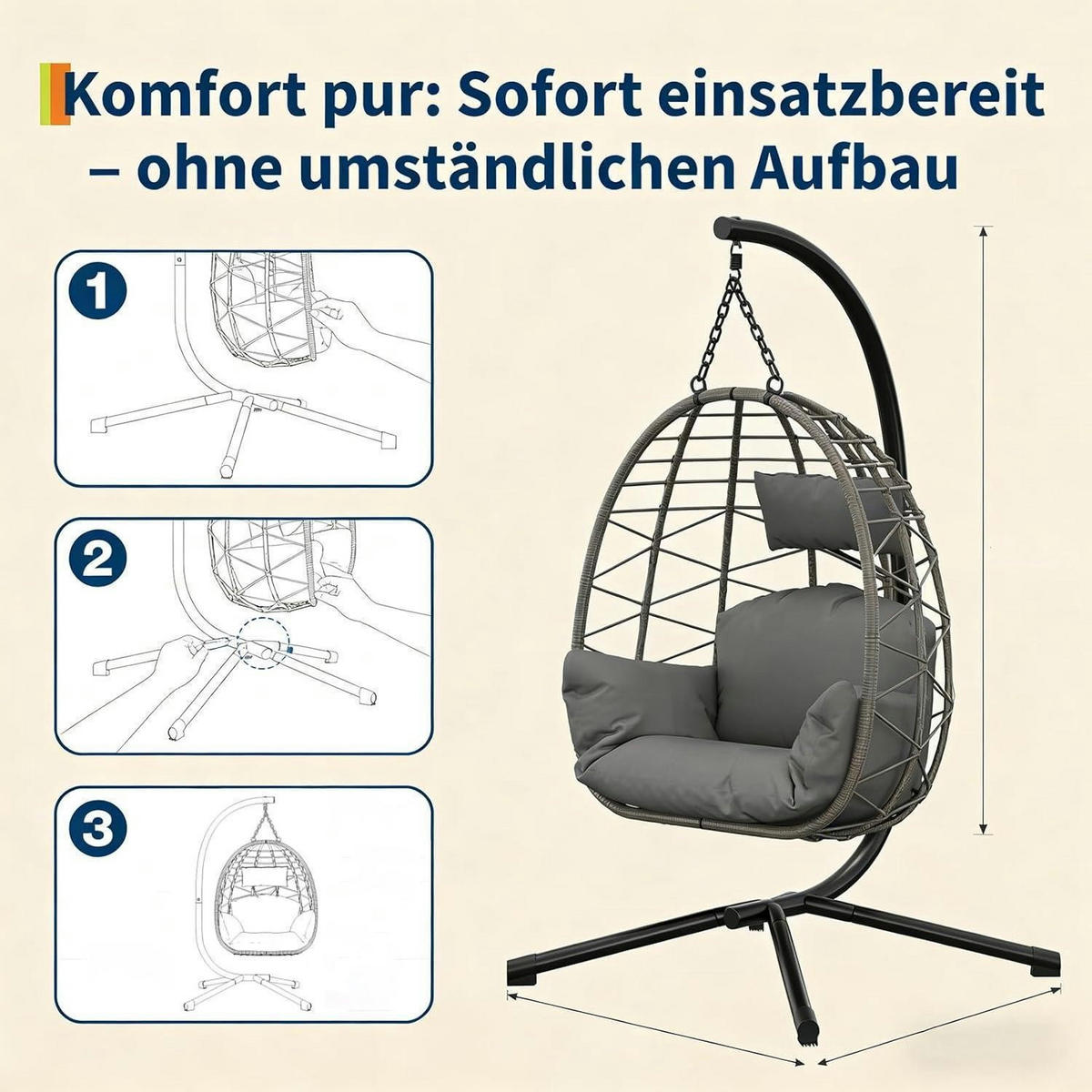 HÄNGESESSEL mit Gestell Outdoor Grau bis 150 kg - Grau, Naturmaterialien (106/196/105cm)