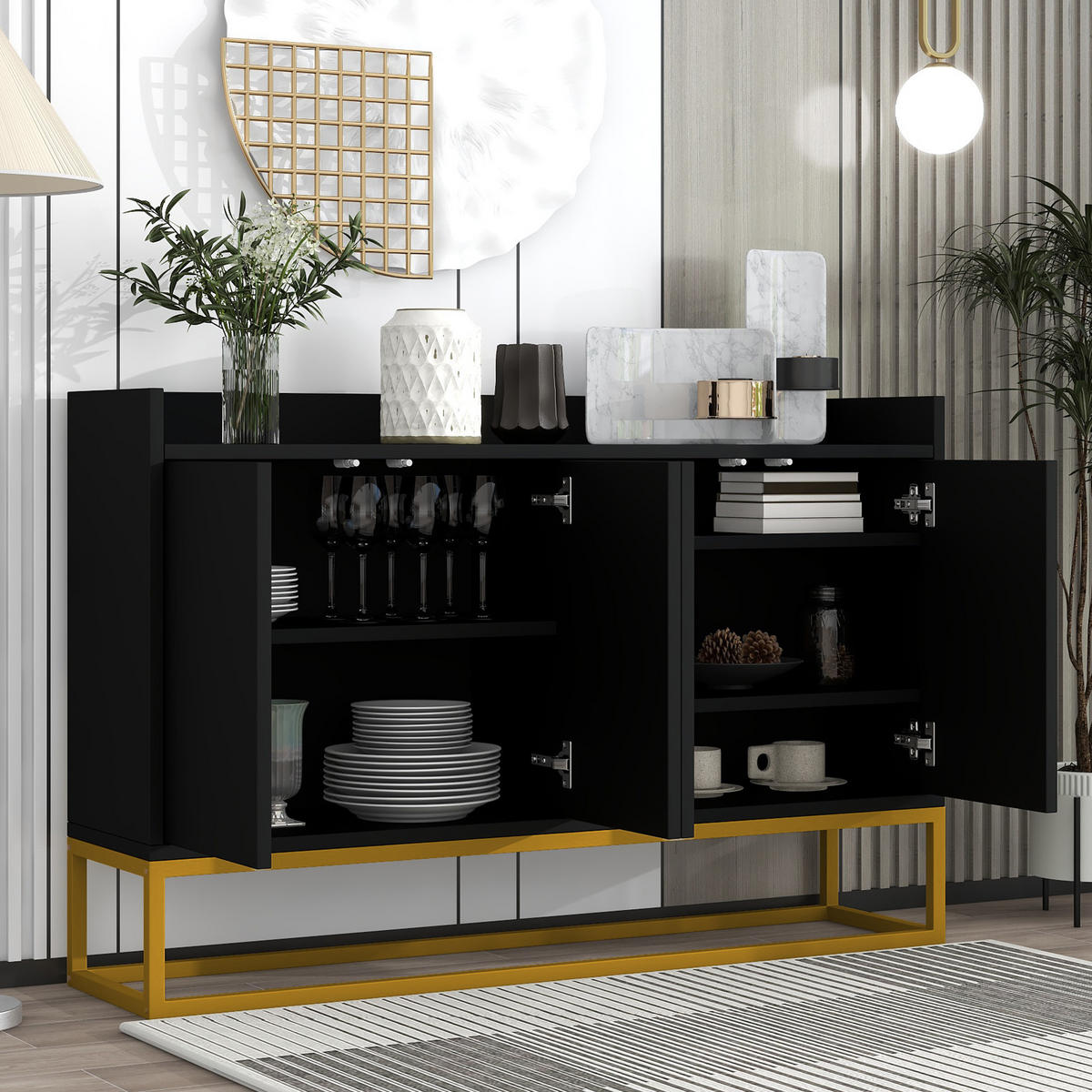 SIDEBOARD in Schwarz Anrichte mit 4 Türen für Esszimmer, Küche und Wohnzimmer, B120/T30/H80 cm - Goldfarben/Schwarz, Holzwerkstoff/Metall (120/80/30cm) - STILVORA