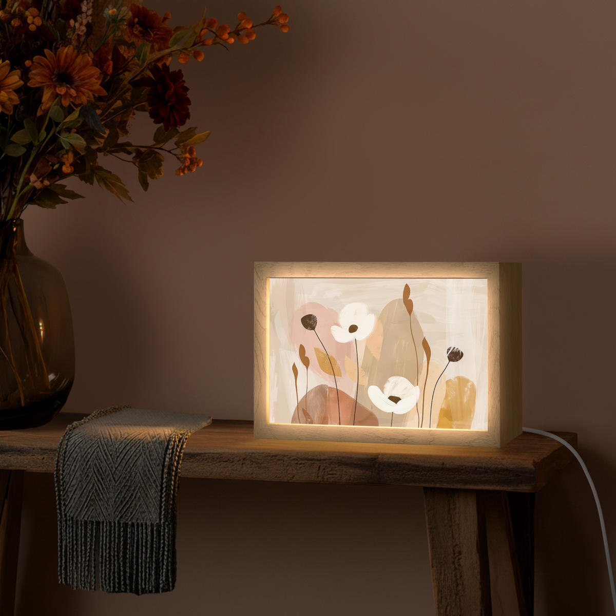 WANDLEUCHTE Blumen - Abstrakt - Beige - Strichzeichnung 30x20 cm - Sandfarben, Holzwerkstoff (30/20/8cm) - OnlyWow