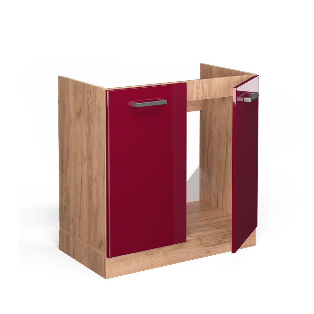 SPÜLENUNTERSCHRANK R-Line Bordeaux Hochglanz 80 cm ohne AP - Bordeaux/Eiche Wotan, Holzwerkstoff (80/81.6/46cm) - Vicco