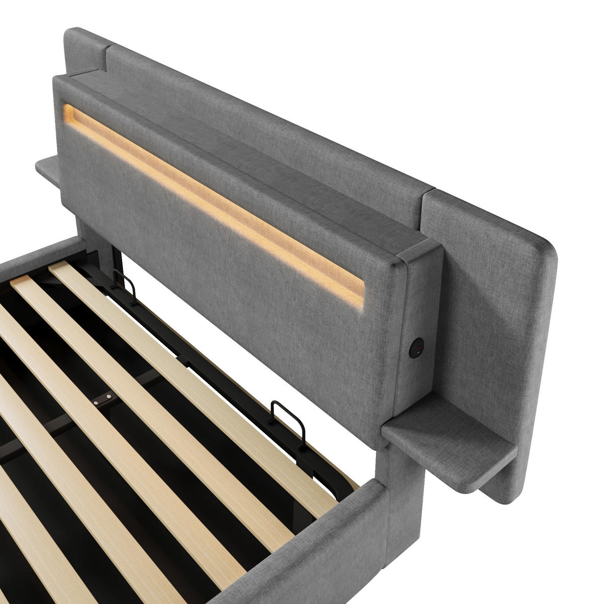 POLSTERBETT aus MDF und Leinen 140x200 cm Grau mit Bettkasten, LED-Beleuchtung, Nachttisch und USB-Anschluss - Grau, Textil (140/200cm) - Modfu