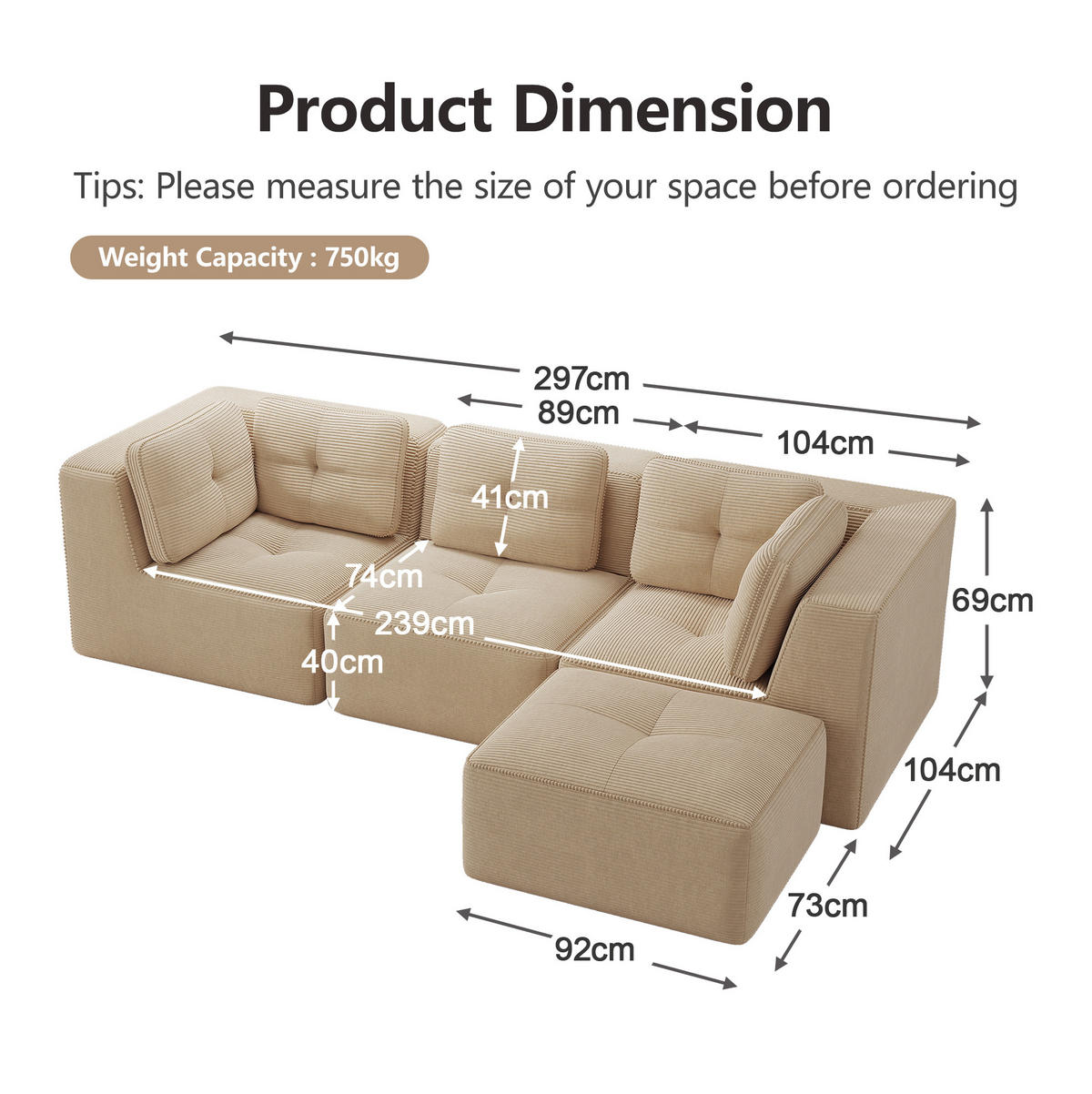 ECKSOFA 297/177/69 cm Beige aus Cord mit modularem Design und breiten Armlehnen - Beige, Textil (177/297cm) - OKWISH