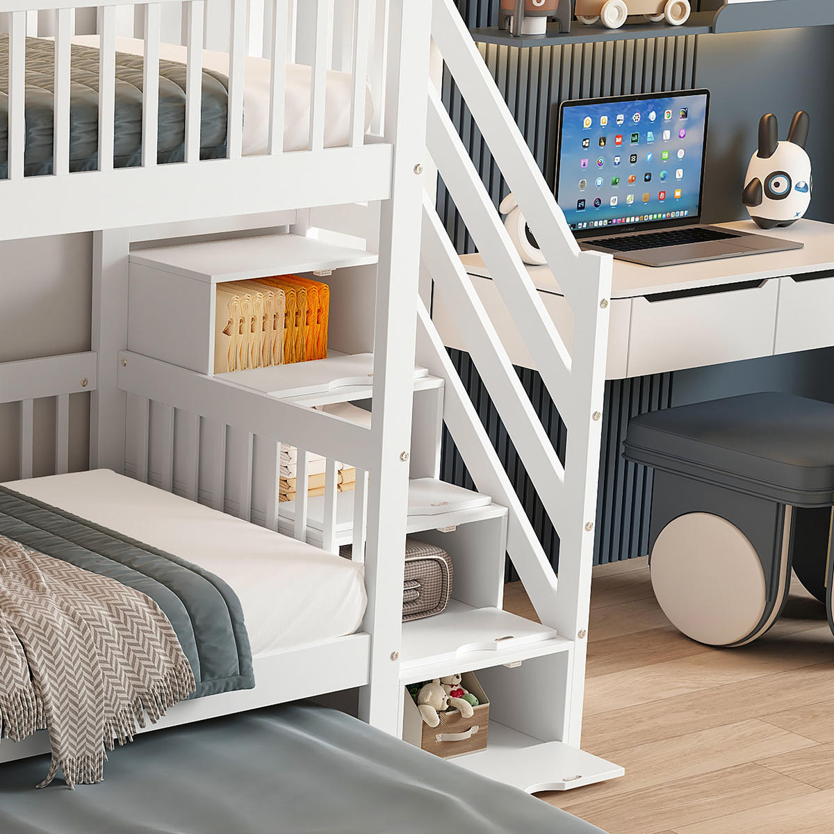 ETAGENBETT 90/200 cm & 90/190 cm in Weiß mit Rollbett, Leiterschrank und Handlauf - Weiß, Holzwerkstoff (90/200cm) - STILVORA
