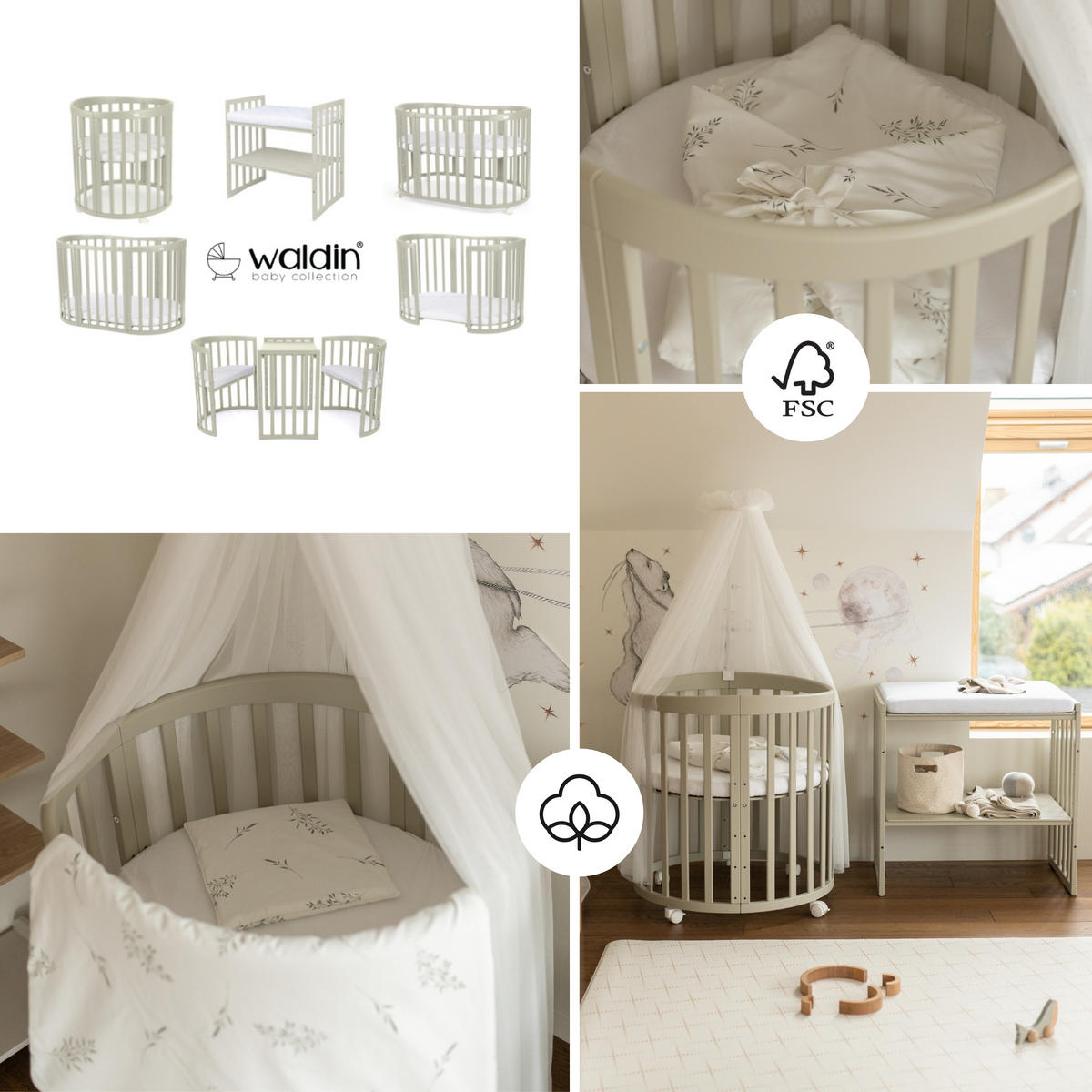 BABYBETT OLIVE OVAL 7in1 mit Matratze und Himmelset - Olivgrün/Weiß, Holz/Textil