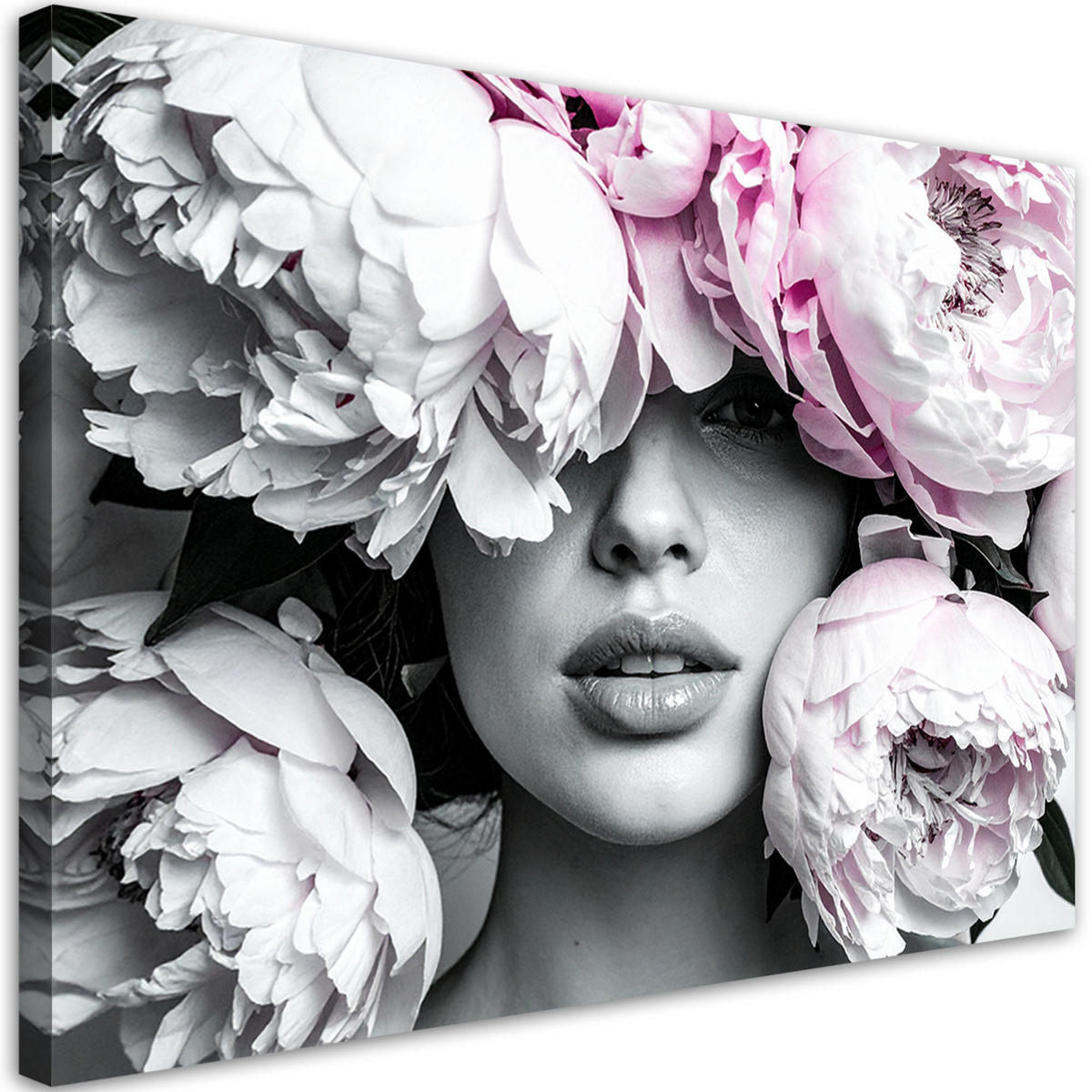 LEINWANDBILD Frau mit Pfingstrosenblüten auf dem Kopf 120x80cm - Grau, Textil (120/80cm) - Feeby