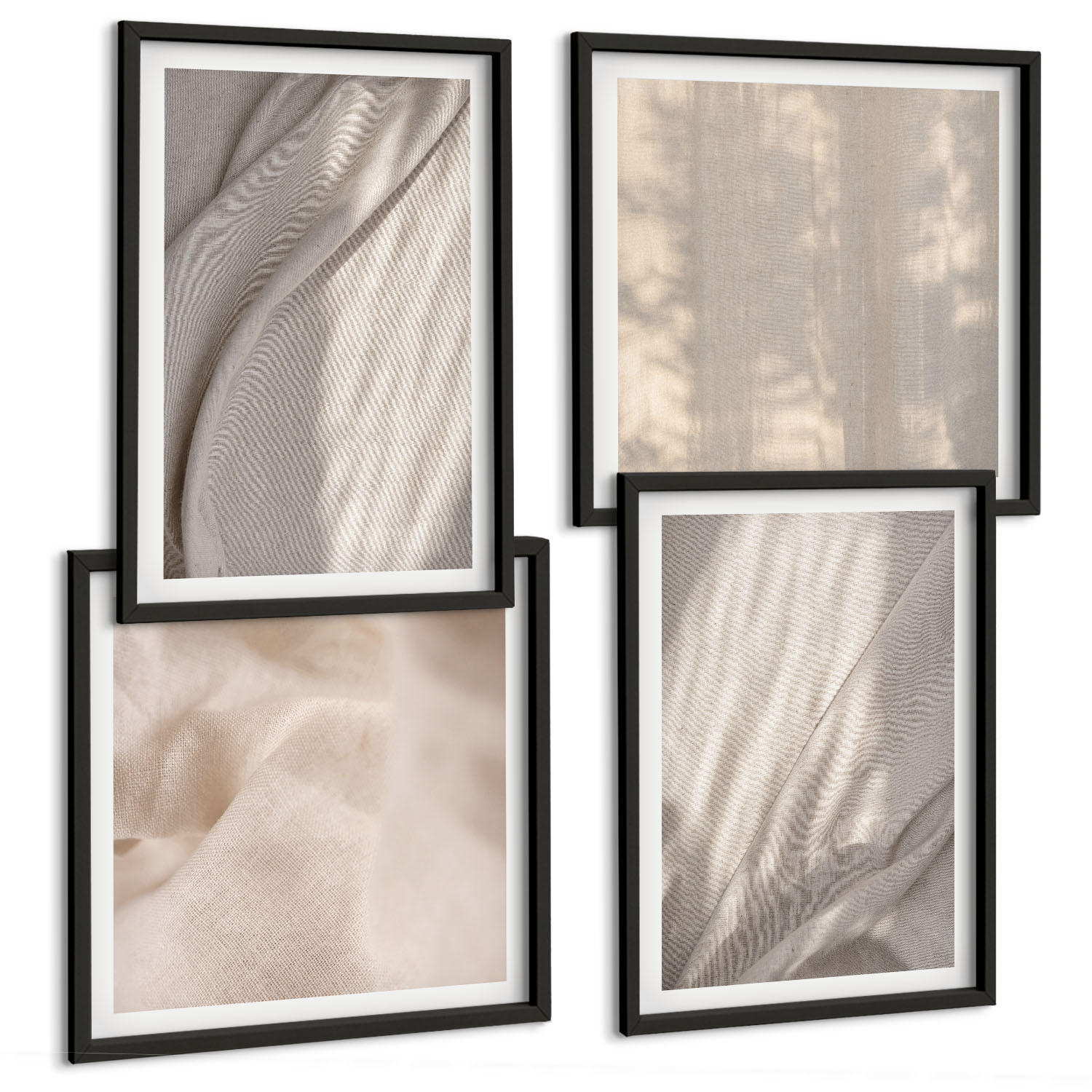 BILDER SET 4er Set - 50x50 cm & 40x60 cm Schwarzer Rahmen - Nahaufnahme von natürlichen Boho-Stoffen - Schwarz, Kunststoff (50/50cm) - TULUP