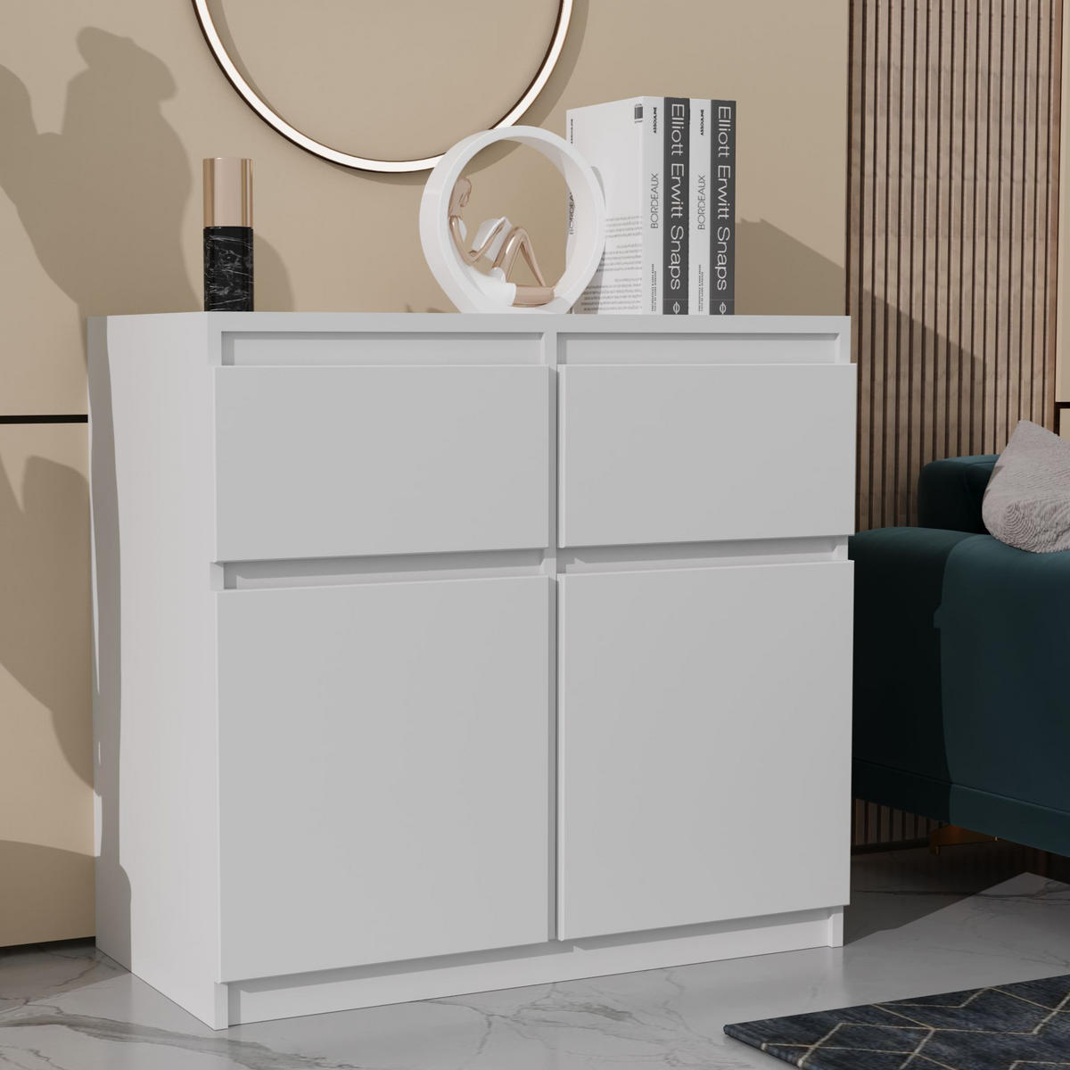 KOMMODE MERAVIGLIA 80/85/33 cm mit 2 Schubladen 2 Türen Weiß - Weiß, Holzwerkstoff (80/85/33cm) - MASSENO