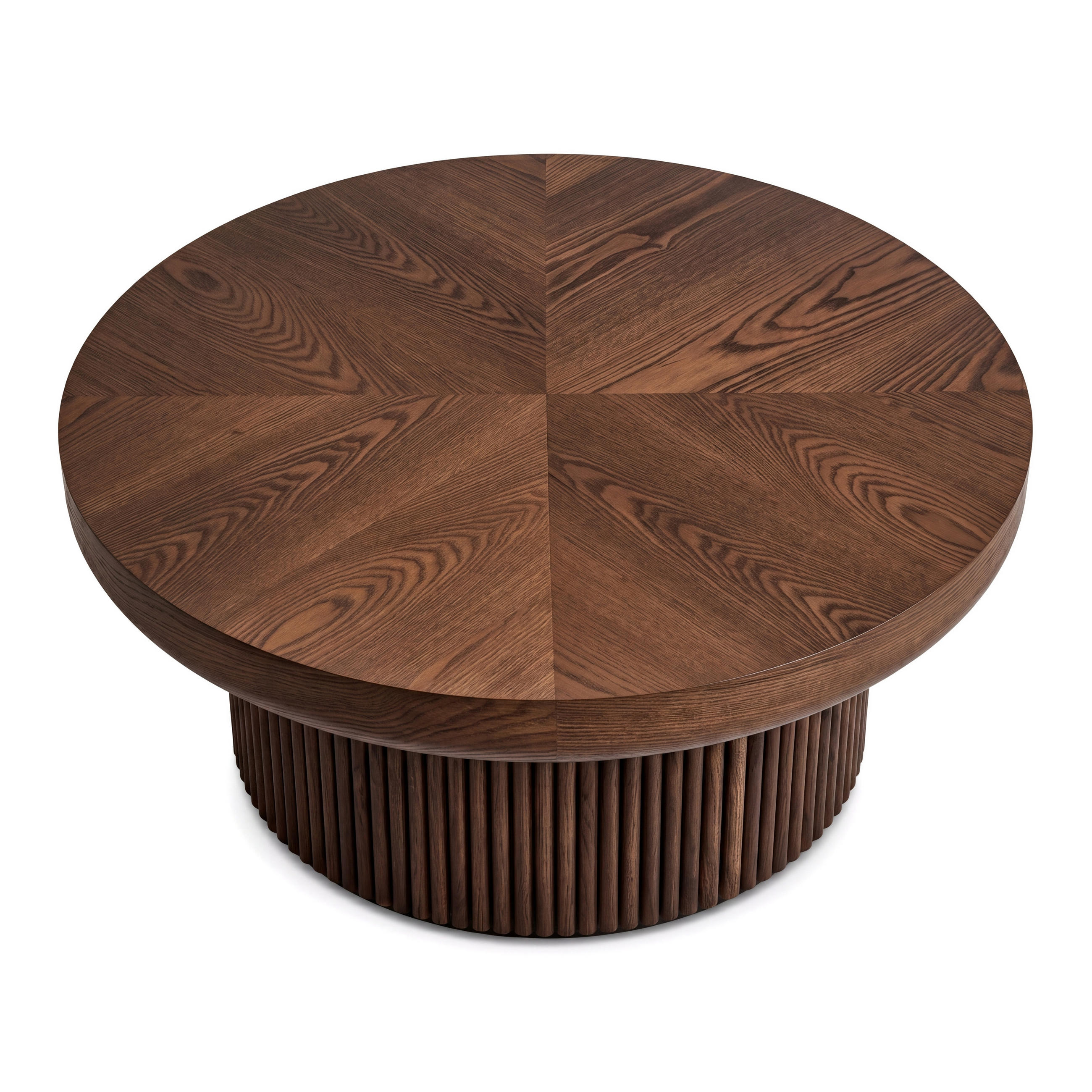 COUCHTISCH Runder Couchtisch 78cm Walnuss-Holzoptik mit geriffeltem Sockel Mid-Century - Braun, Holz (78/78/38.5cm) - Raelunyi