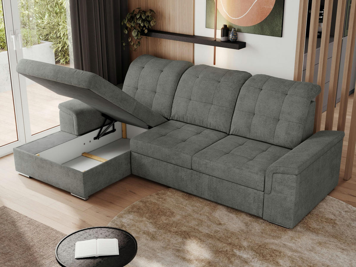 ECKSOFA MADRITO L - Grau Struktur - Links - Silberfarben/Grau, Textil/Metall (160/256cm)