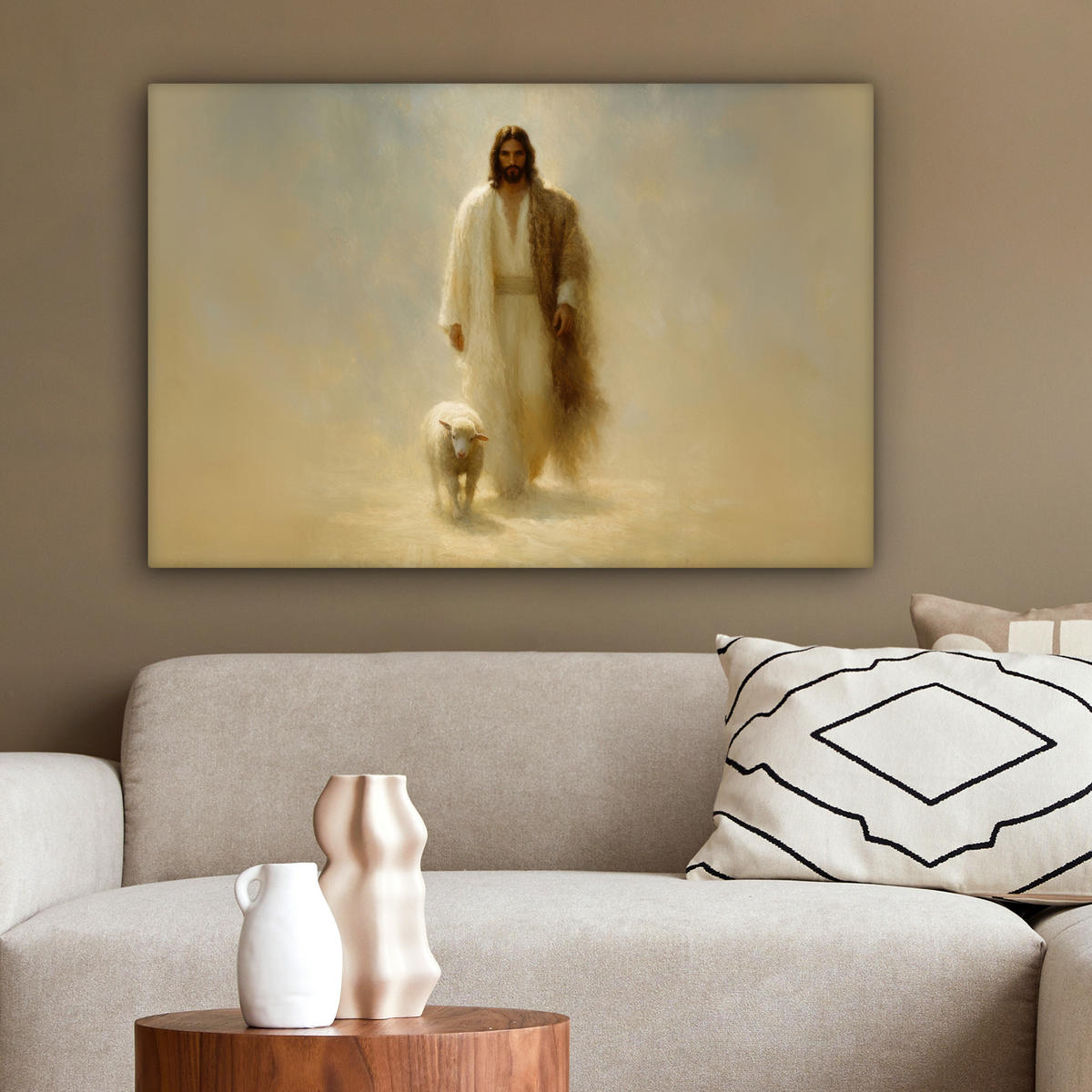 LEINWANDBILD Schaf - Jesus - Pinselstriche - Abstrakt Wanddeko 90x60 cm - Sandfarben, Textil (90/60cm) - MuchoWow