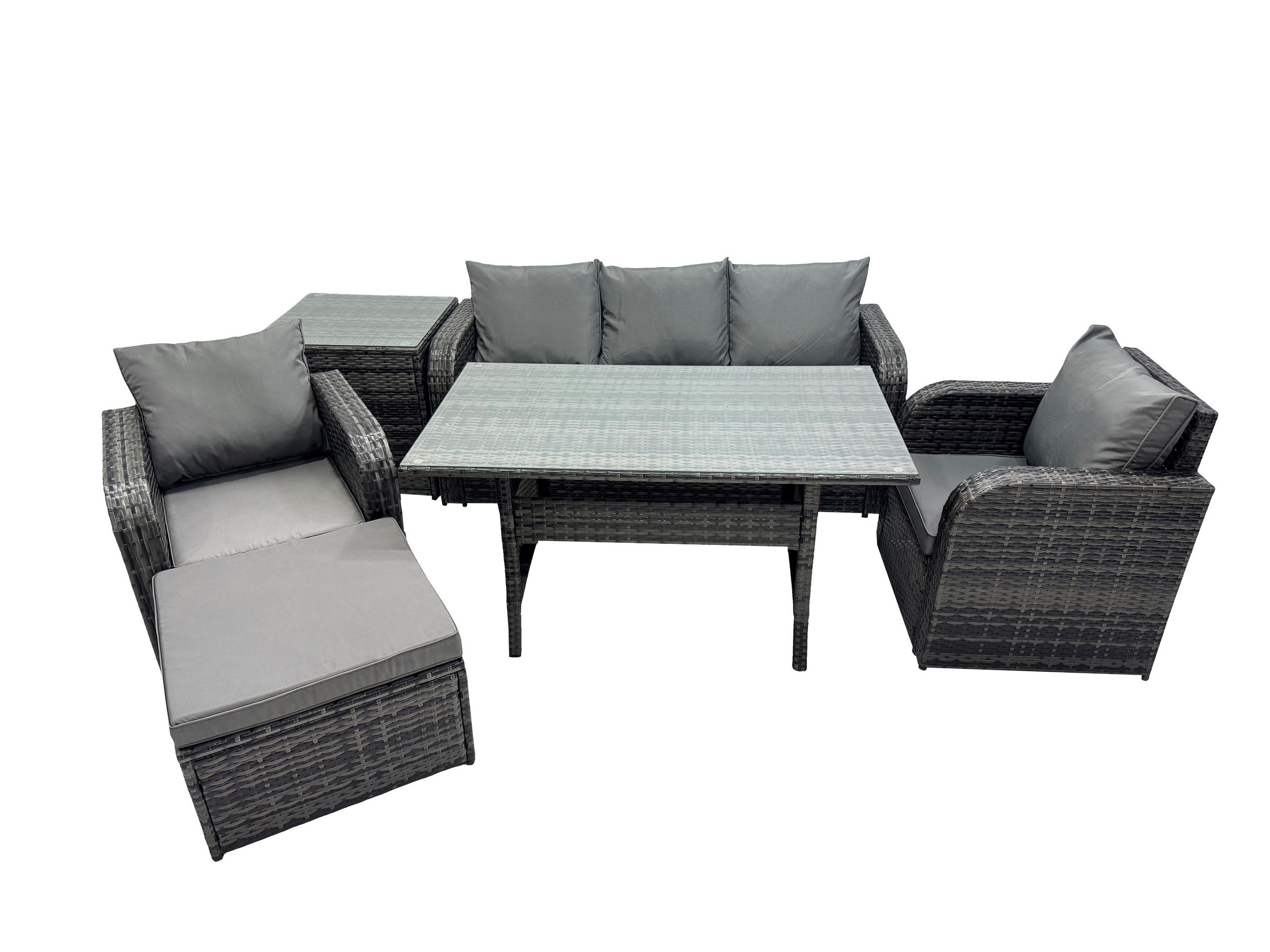 GARTENSET mit 3-Sitzer-Sofa,Beistelltisch,Esstisch Polyrattan 6-Sitzer - Dunkelgrau/Grau, Glas/Kunststoff - Fimous