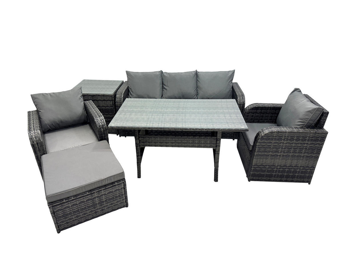 GARTENSET mit 3-Sitzer-Sofa,Beistelltisch,Esstisch Polyrattan 6-Sitzer - Dunkelgrau/Grau, Glas/Kunststoff - Fimous