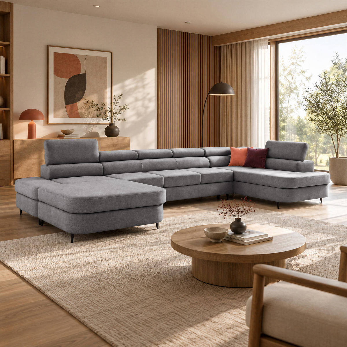 ECKSOFA U-Form PRIAM MAXI U Rechts mit Schlaffunktion 125x317 Velours Grau - Schwarz/Grau, Holz/Textil (400/91/203cm) - Muffo