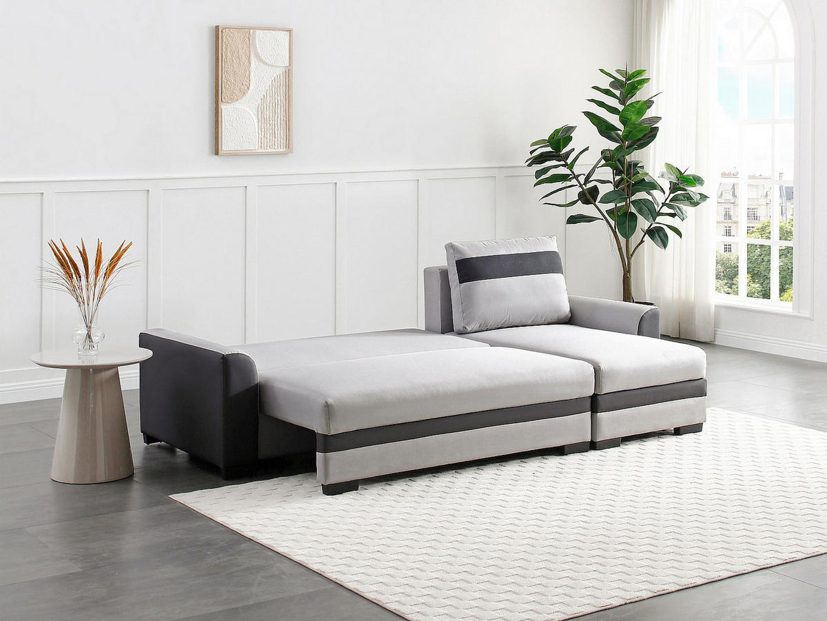 ECKSOFA mit Schlaffunktion - Ecke wechselbar - Stoff & Kunstleder - Hellgrau - GIANY II - Hellgrau, Leder (242/135cm) - Vente-Unique