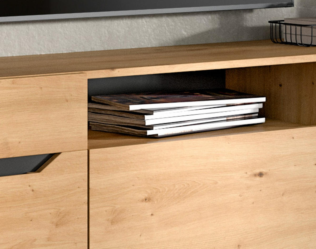 WOHNWAND Eiche Artisan und Grau, Set mit 2x Vitrine hängend / stehend, Breite 260 cm - Dunkelgrau/Schwarz, Glas/Holzwerkstoff (354/196/40cm) - Inn.Furn