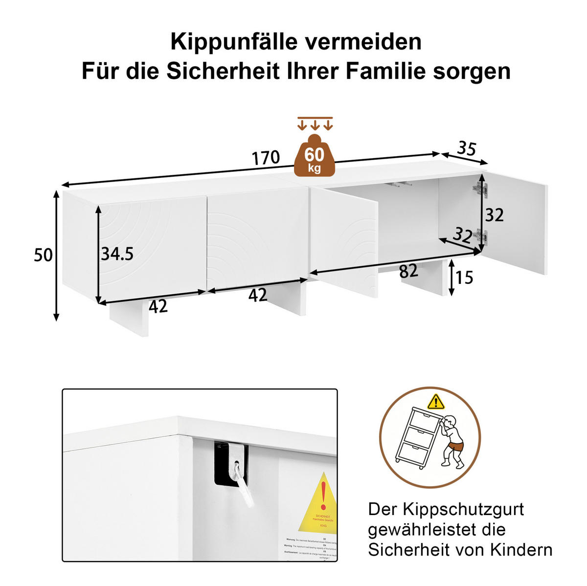 TV-LOWBOARD 170/35/50 cm weiß aus MDF und PB mit 4 Türen - Weiß, Holzwerkstoff (170/50/35cm) - OKWISH
