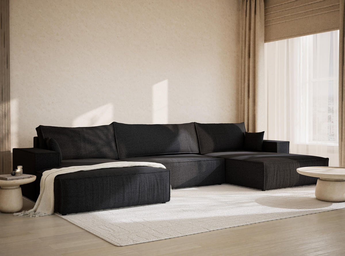 WOHNLANDSCHAFT Kyoto Anthrazit Webstoff - Schwarz/Grau, Holz/Holzwerkstoff (398/70/148cm) - Maison de Reve