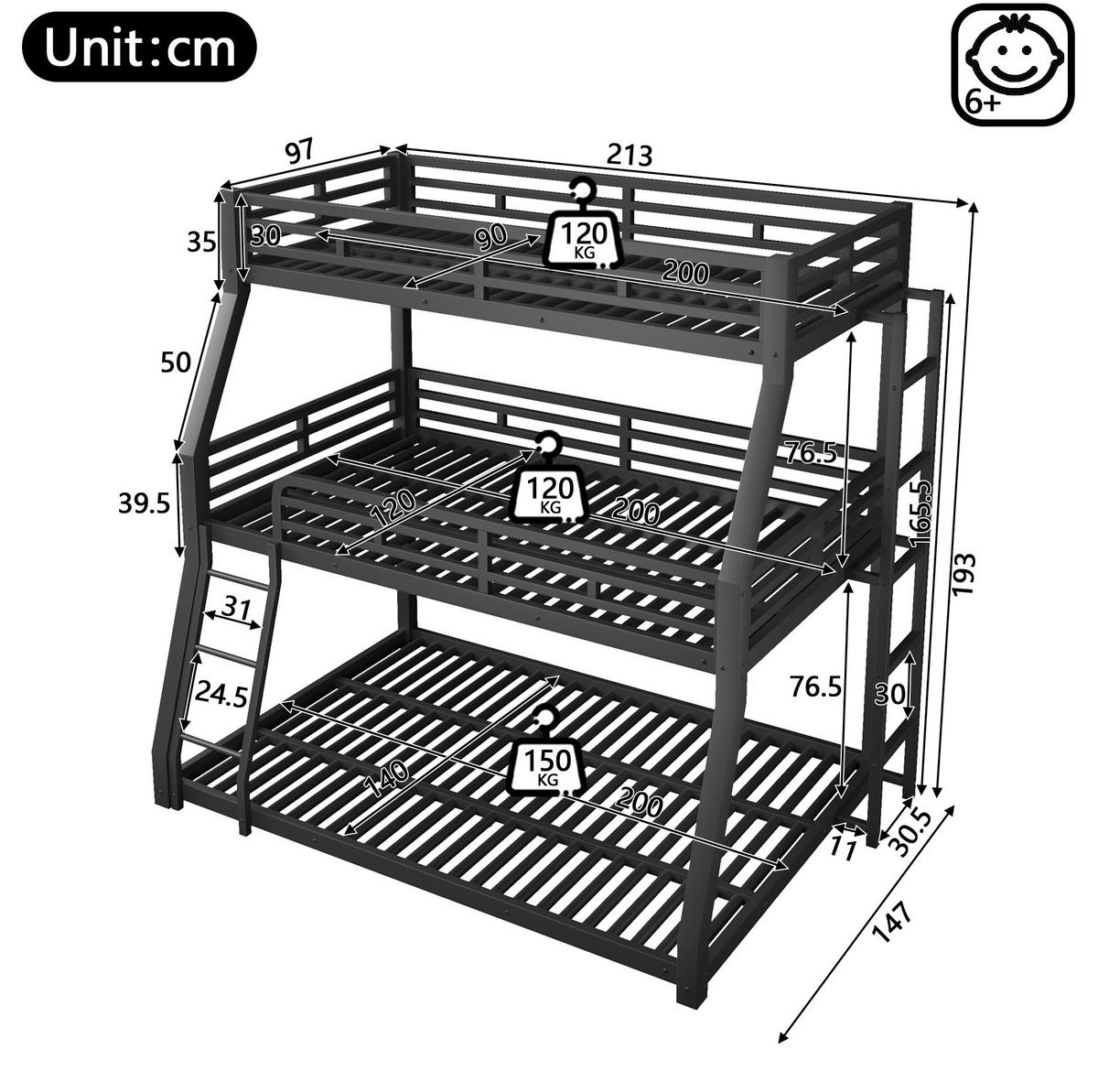DREIFACH-ETAGENBETT aus Metall 90x200, 120x200 und 140x200 cm Schwarz mit 2 Leitern - Schwarz, Metall (90/200cm) - Modfu