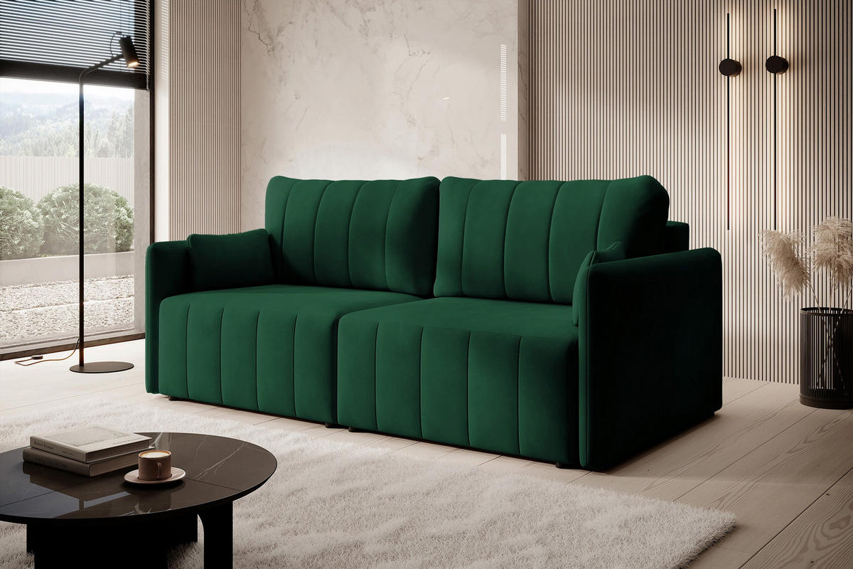 SCHLAFSOFA Pierra Dunkelgrün hydrophober Samt - Dunkelgrün/Schwarz, Kunststoff/Textil (215/100/112cm) - Selsey