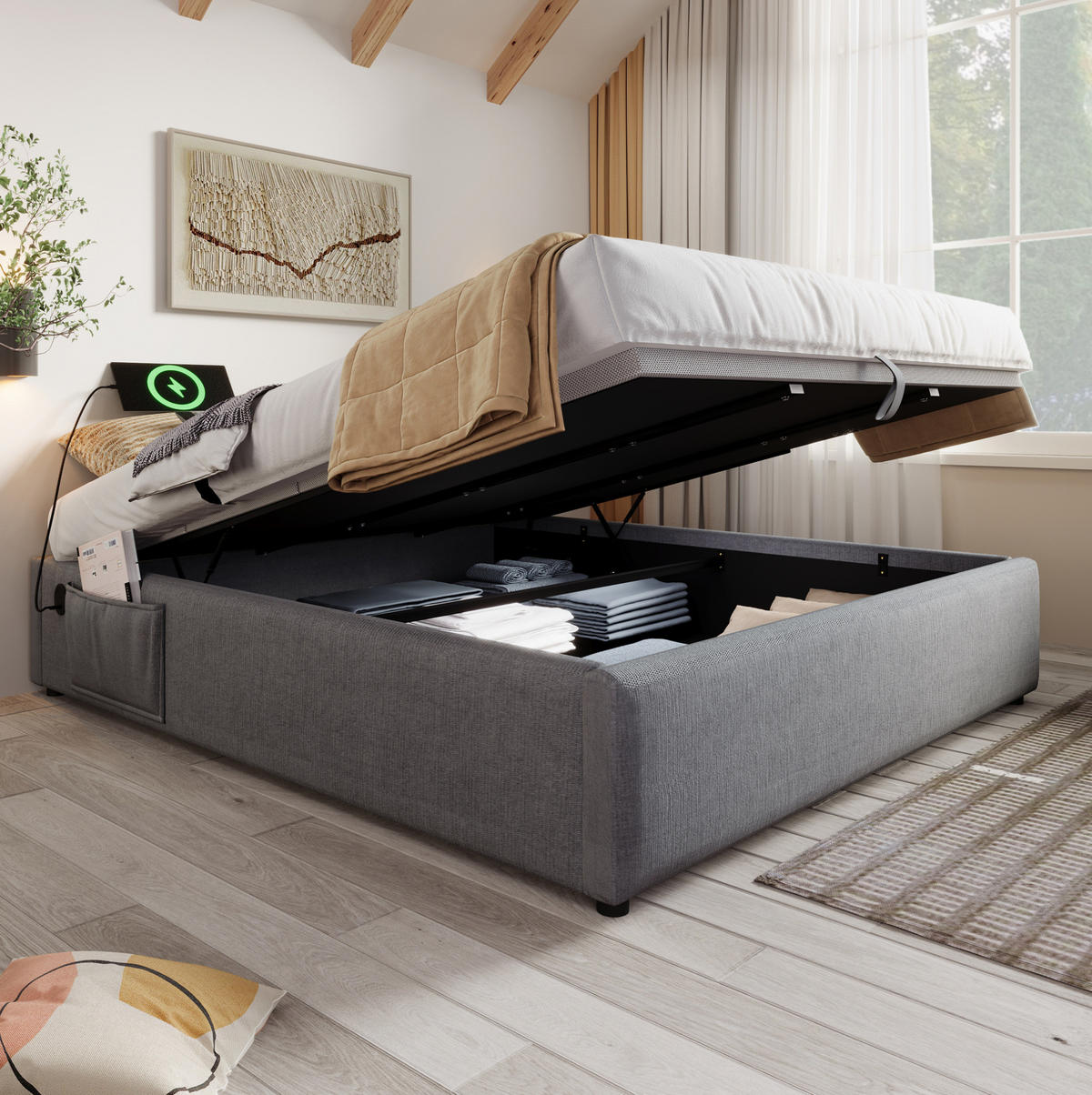 POLSTERBETT aus Baumwoll-Leinenstoff 140x200 cm Grau mit Stauraum, USB- und Type-C-Anschluss - Grau, Textil (140/200cm) - IVMEU