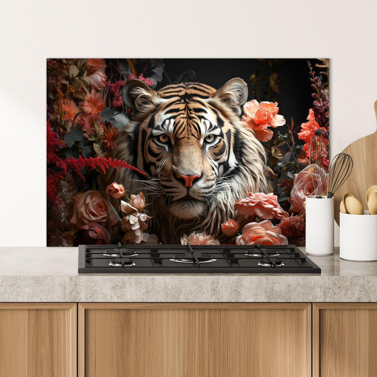 SPRITZSCHUTZ KÜCHE Tiger - Tier - Natur - Floral - Botanisch 90x60 cm - Orange, Metall (90/0.3/60cm) - MuchoWow