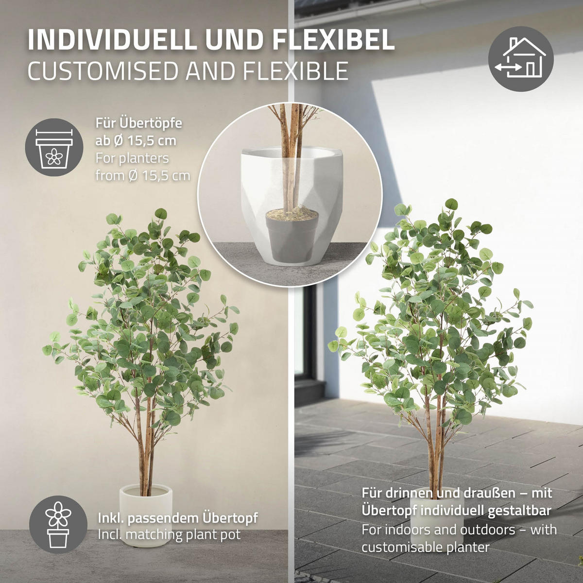 KUNSTPFLANZE Eukalyptus - Anthrazit/Grün, Holz/Kunststoff (150cm) - ML-DESIGN