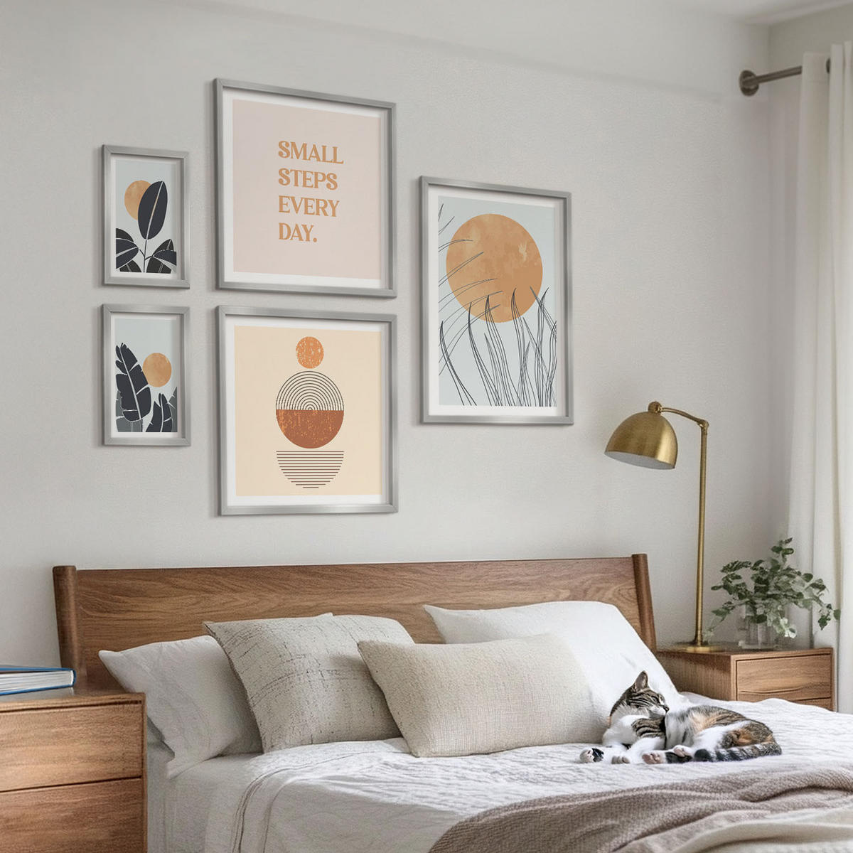 WANDBILDER 5er Set - 50x50 cm & 20x30 cm & 40x60 cm Silberner Rahmen - Waldnebel, Fluss, Gewächshauspflanzen - Silberfarben, Kunststoff (40/60cm) - ArtPrintCave